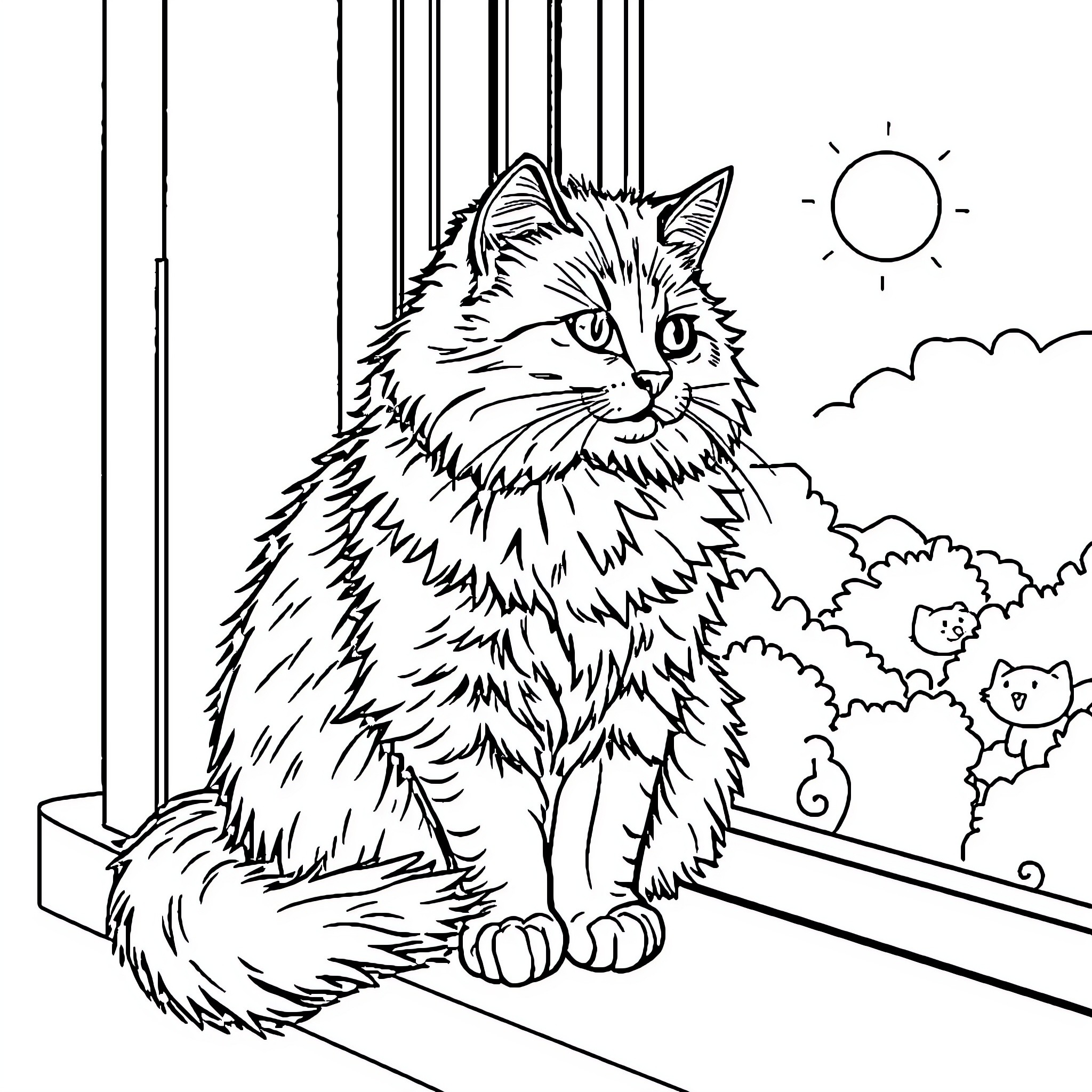 Cat looking out the window Coloring Page (free black-and-white line drawing printable PDF for all, from beginners to advanced learners, including children, teens, adults, and seniors)