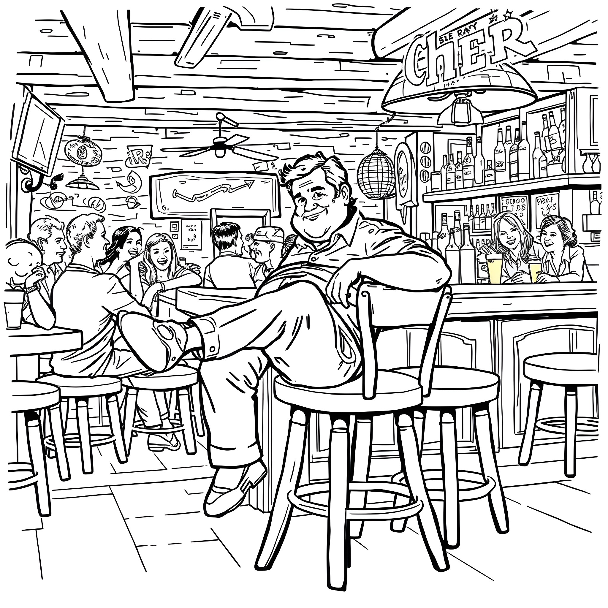 Norm Peterson's lively evening at the local pub Coloring Page (free black-and-white line drawing printable PDF for all, from beginners to advanced learners, including children, teens, adults, and seniors)