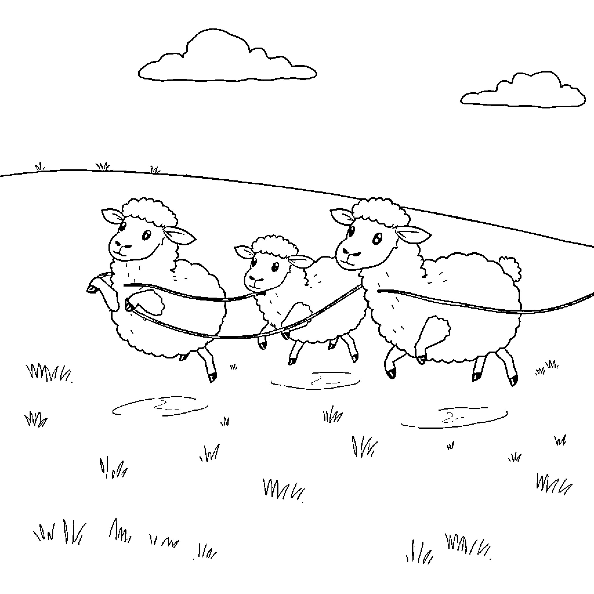 Sheep frolicking happily in the meadow Coloring Page (free black-and-white line drawing printable PDF for all, from beginners to advanced learners, including children, teens, adults, and seniors)