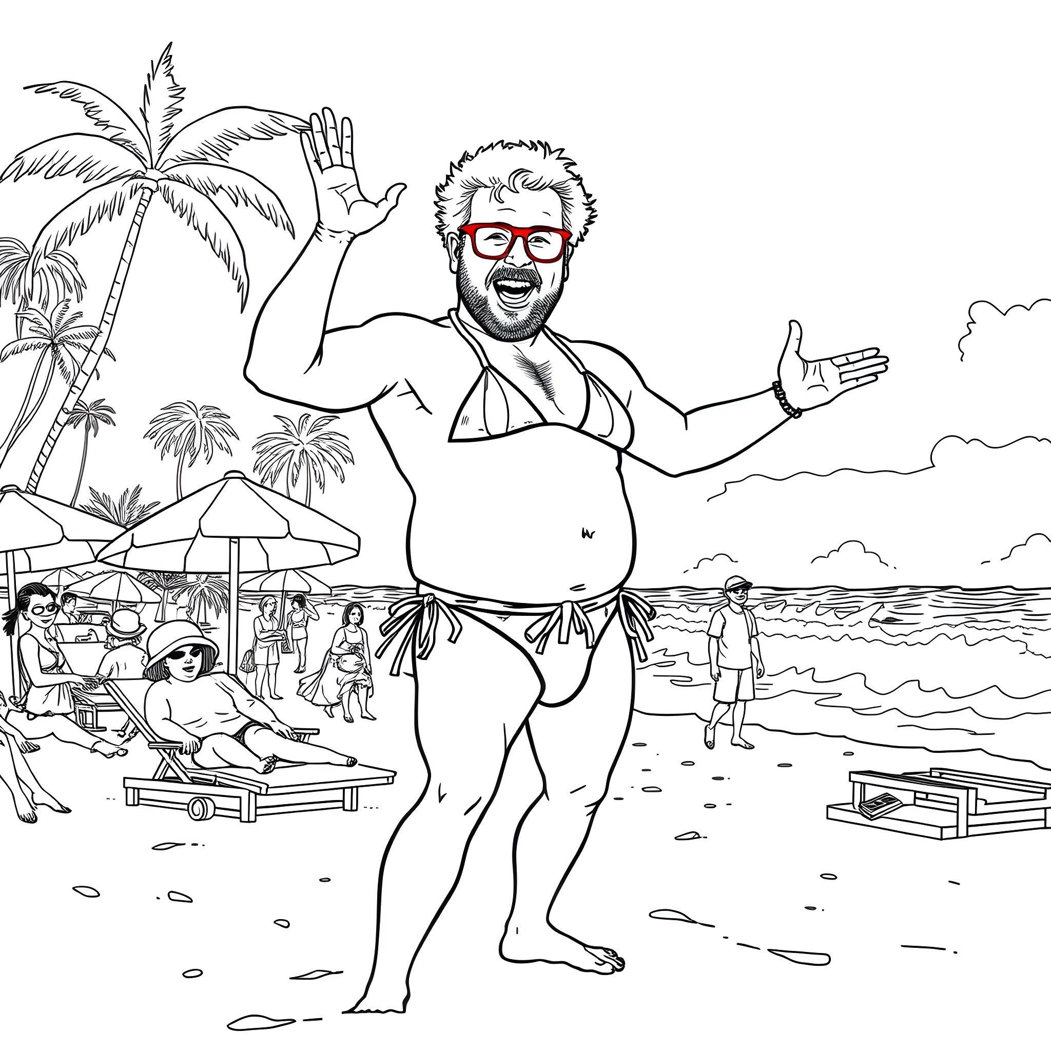 Will Ferrell enjoying a fun beach day with friends Coloring Page (free black-and-white line drawing printable PDF for all, from beginners to advanced learners, including children, teens, adults, and seniors)