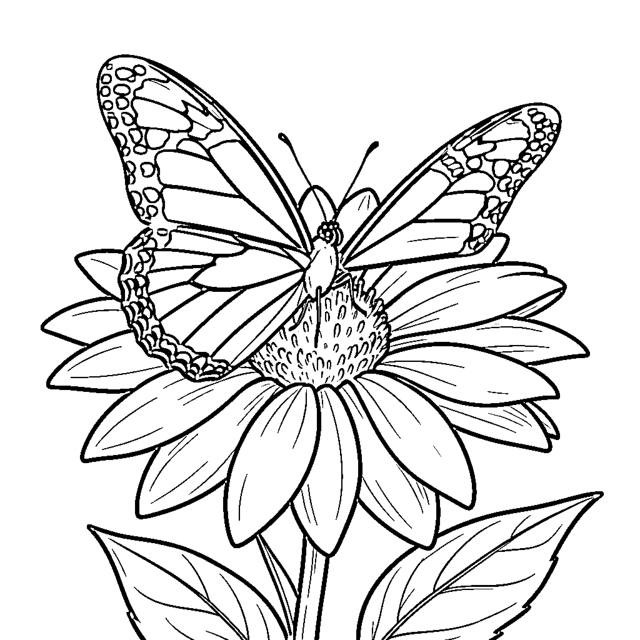 Butterfly resting on a beautiful flower Coloring Page (free black-and-white line drawing printable PDF for all, from beginners to advanced learners, including children, teens, adults, and seniors)