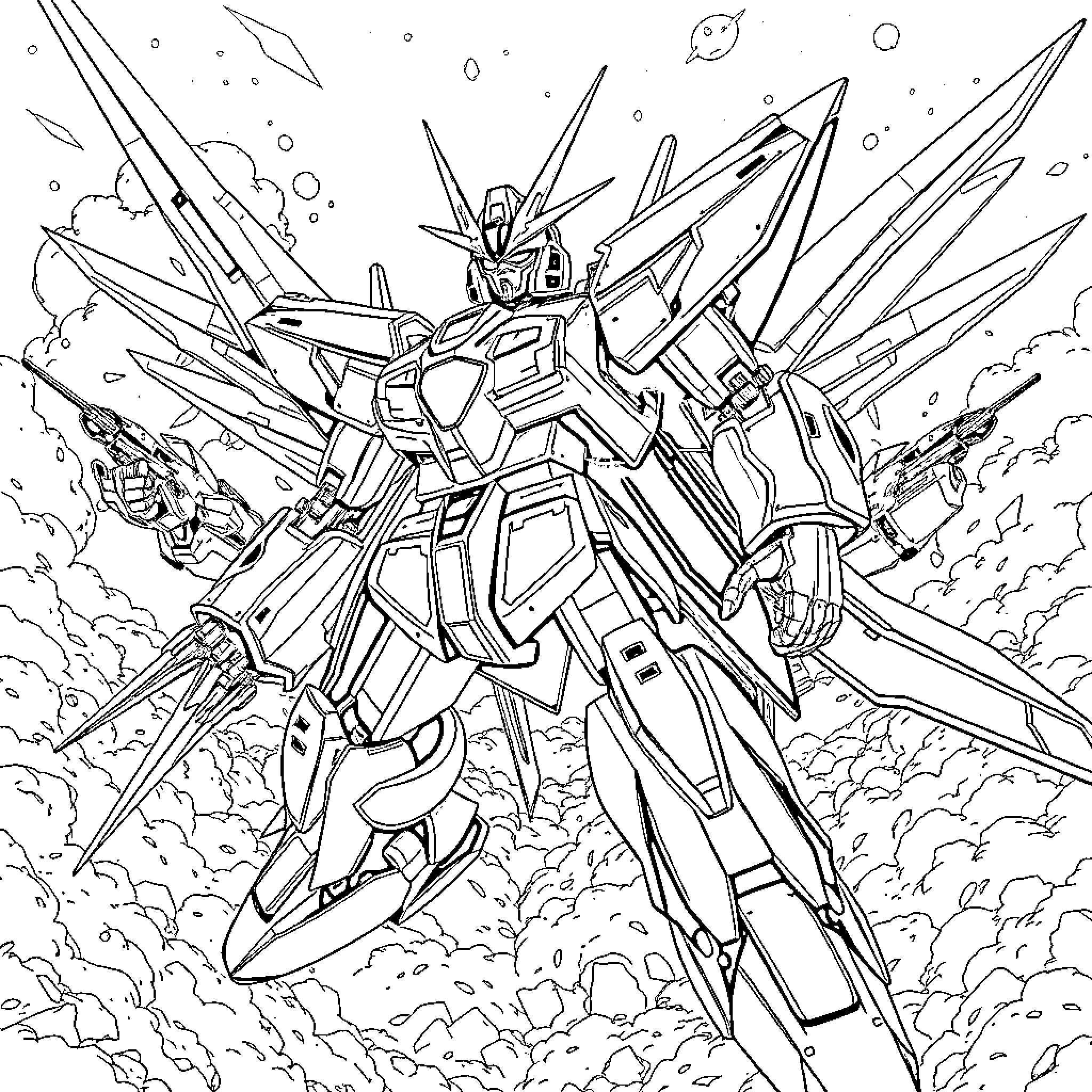 Gurren Lagann - Heroic Mecha in Dramatic Battle Coloring Page (free black-and-white line drawing printable PDF for all, from beginners to advanced learners, including children, teens, adults, and seniors)