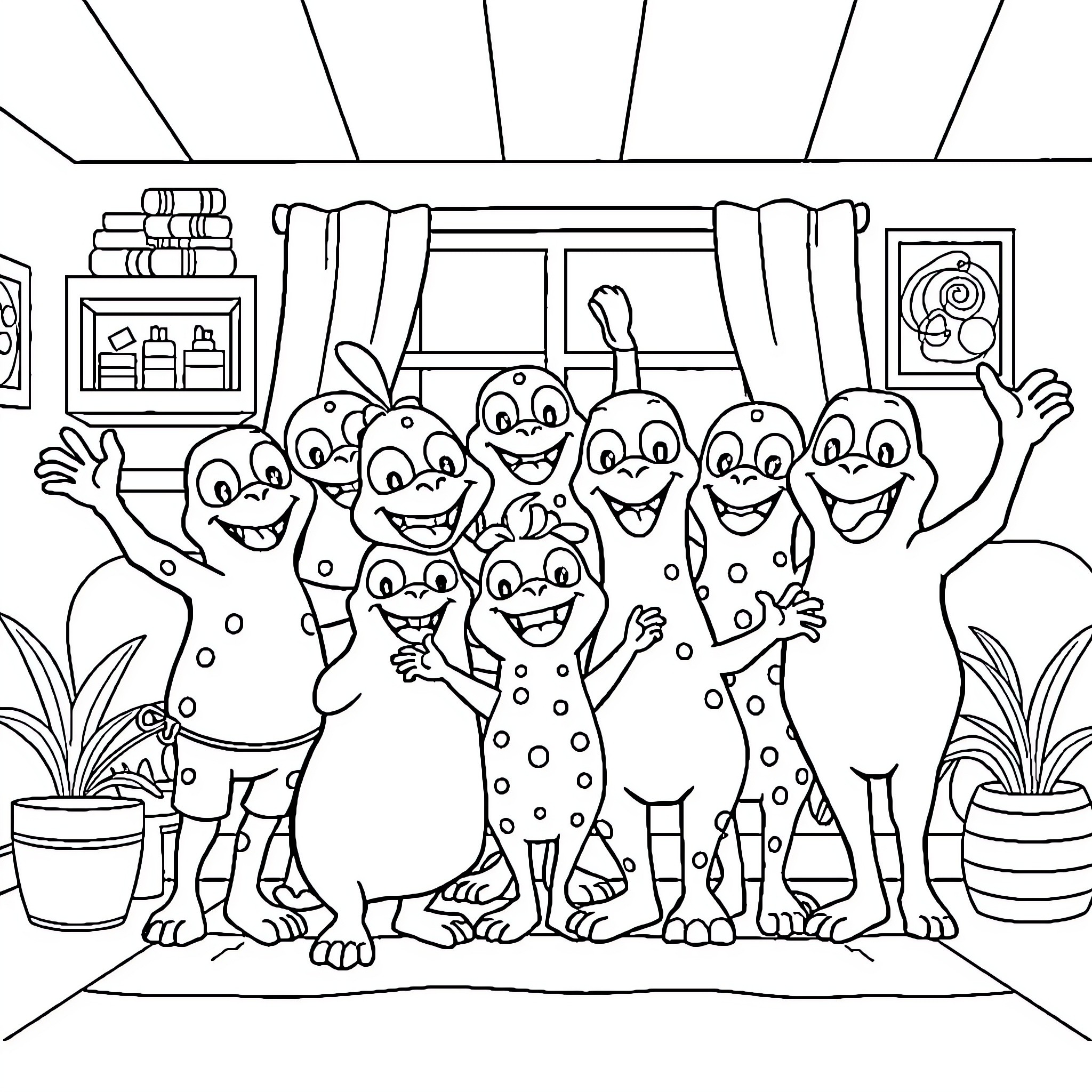 Labubu and friends celebrate happily together Coloring Page (free black-and-white line drawing printable PDF for all, from beginners to advanced learners, including children, teens, adults, and seniors)