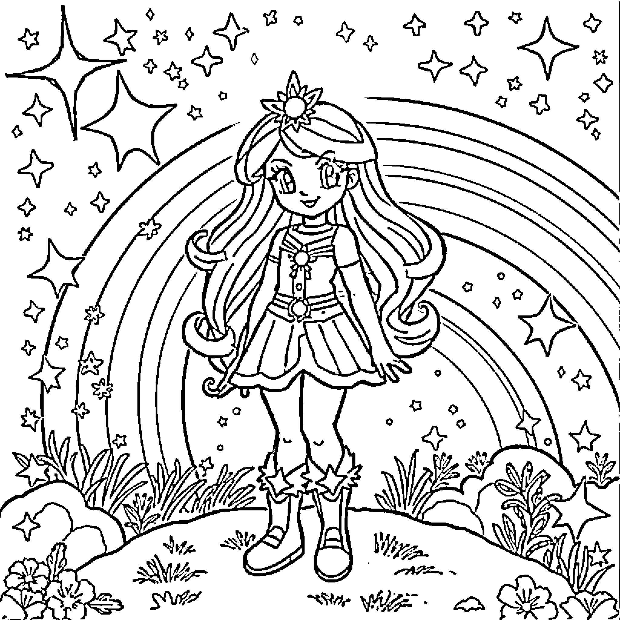 Rainbow Brite exploring the starry night sky Coloring Page (free black-and-white line drawing printable PDF for all, from beginners to advanced learners, including children, teens, adults, and seniors)