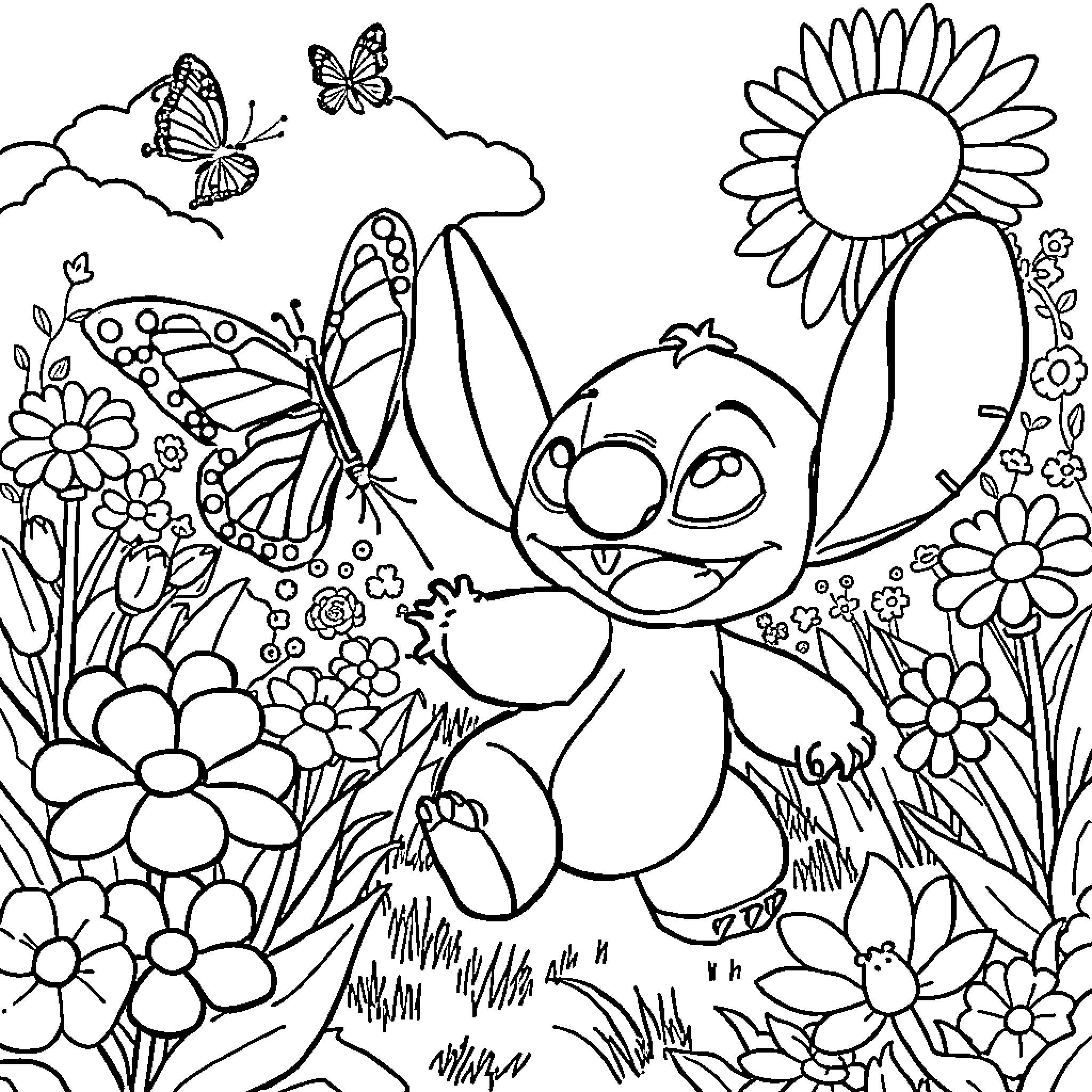Butterfly Creature Surrounded by Nature Coloring Page (free black-and-white line drawing printable PDF for all, from beginners to advanced learners, including children, teens, adults, and seniors)