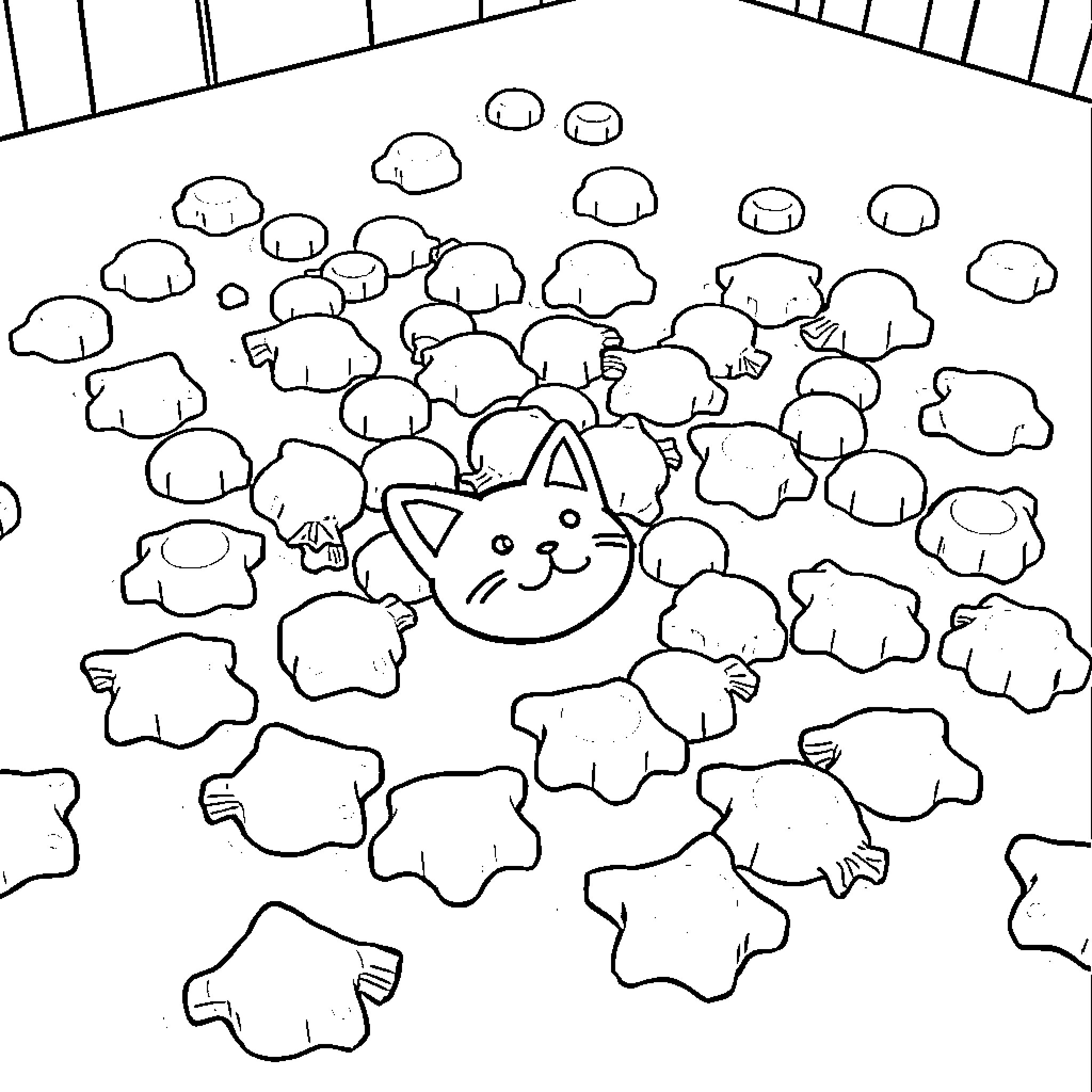 Candy cat peeking through marshmallow clouds Coloring Page (free black-and-white line drawing printable PDF for all, from beginners to advanced learners, including children, teens, adults, and seniors)