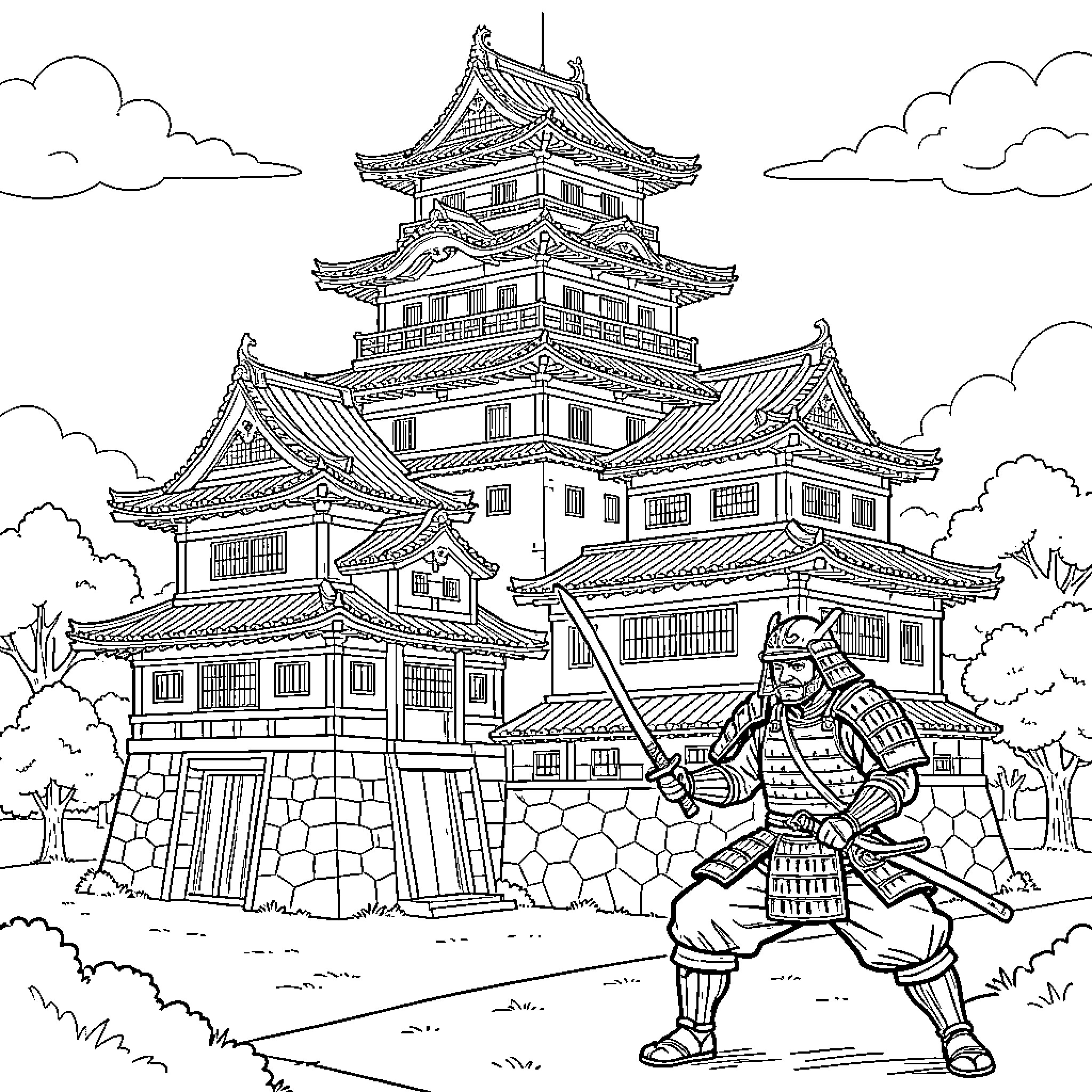 Samurai Warrior Guarding Majestic Japanese Castle Coloring Page (free black-and-white line drawing printable PDF for all, from beginners to advanced learners, including children, teens, adults, and seniors)