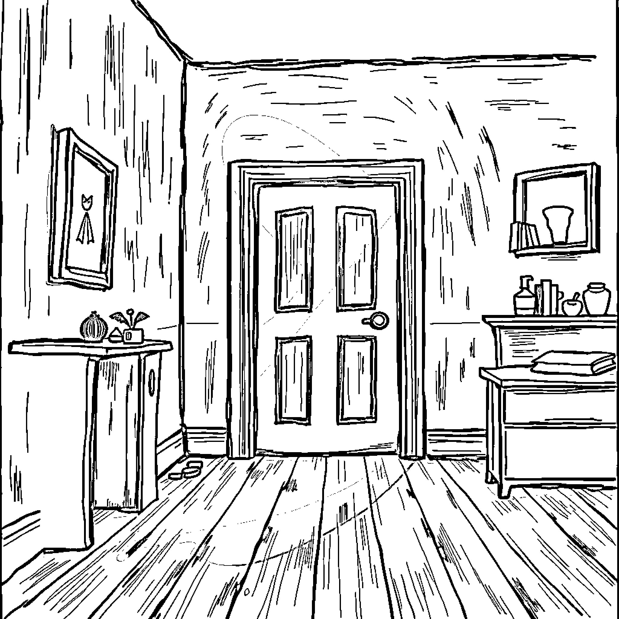 Spooky Abandoned Interior with Eerie Atmosphere Coloring Page (free black-and-white line drawing printable PDF for all, from beginners to advanced learners, including children, teens, adults, and seniors)