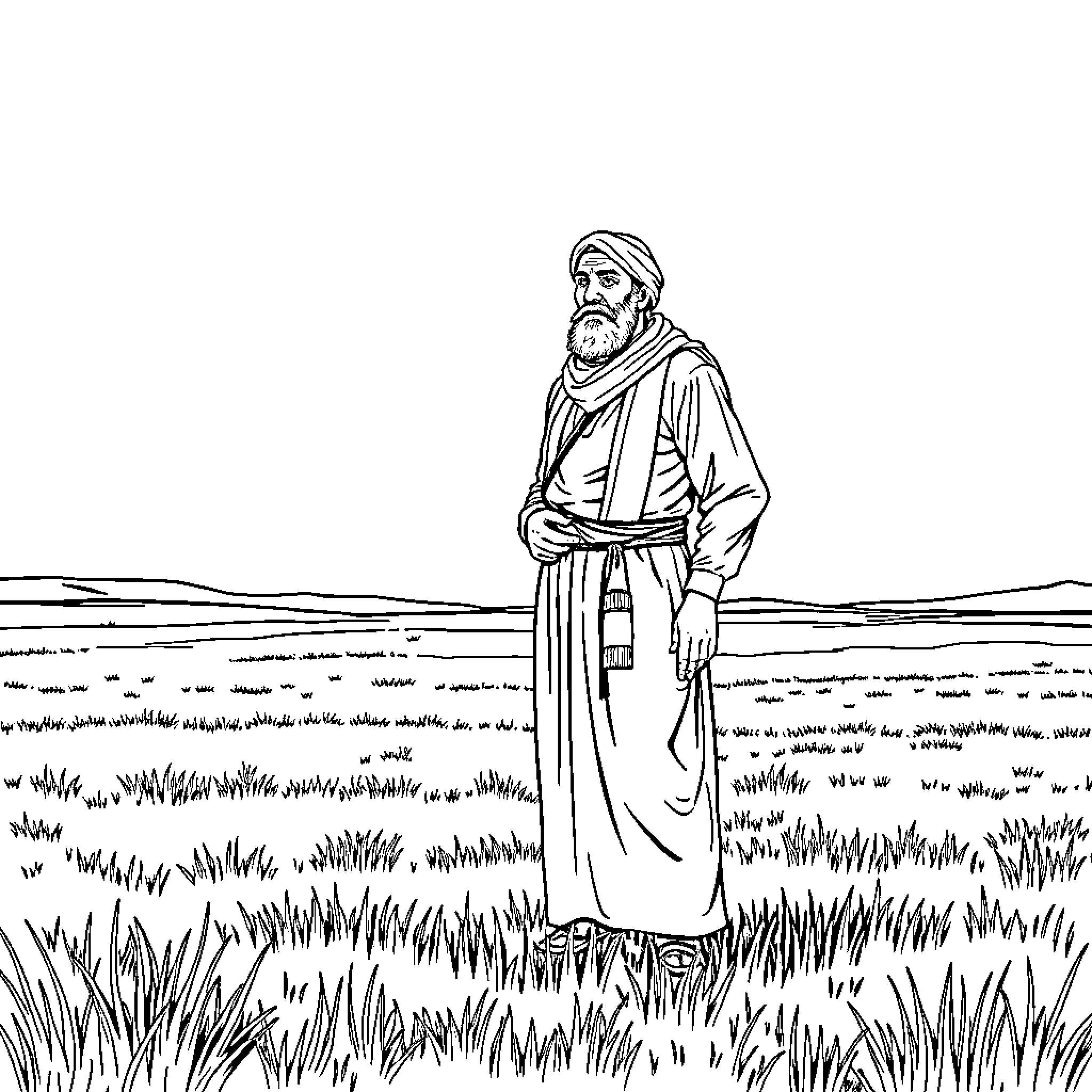 Kurdish Man Standing Solemnly in Grassy Field Coloring Page (free black-and-white line drawing printable PDF for all, from beginners to advanced learners, including children, teens, adults, and seniors)
