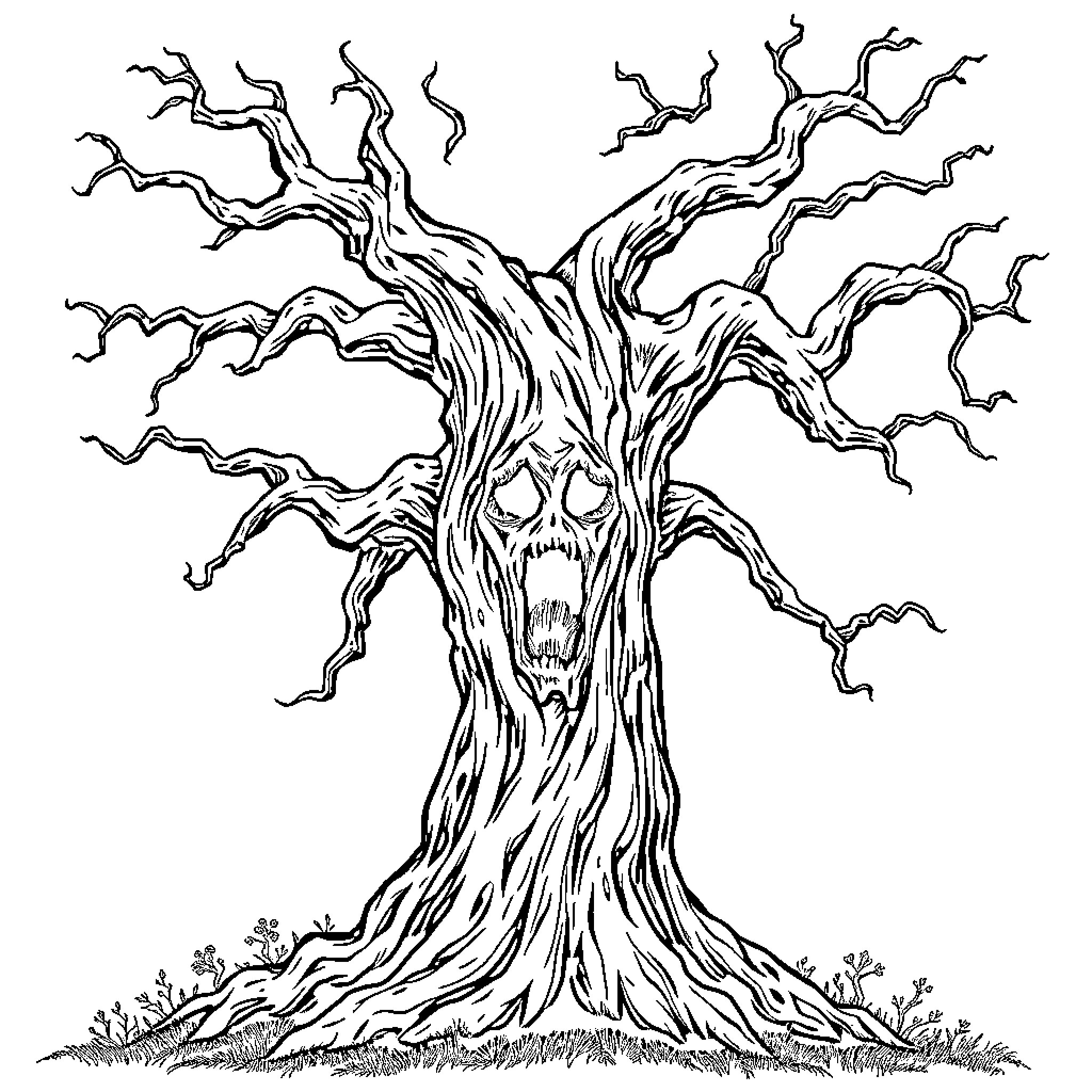Tree of Distorted Expressions Coloring Page (free black-and-white line drawing printable PDF for all, from beginners to advanced learners, including children, teens, adults, and seniors)