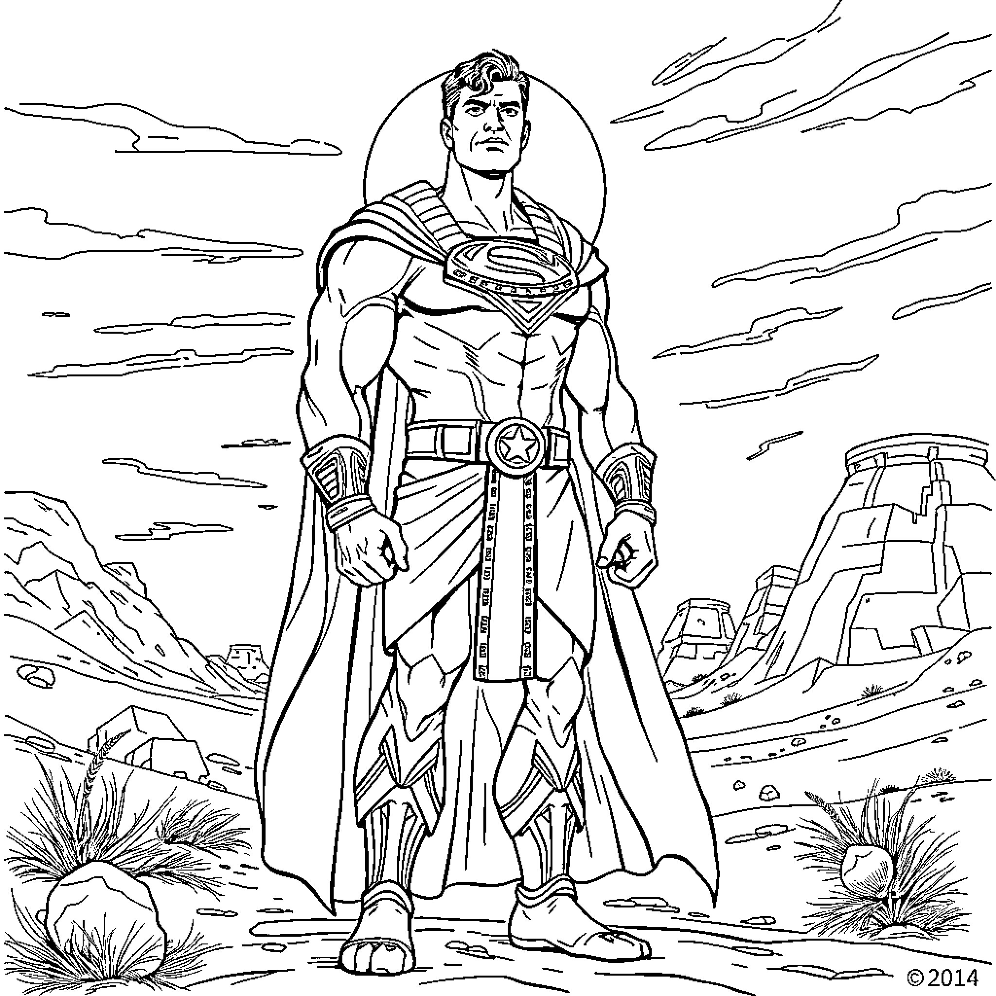Superman protecting the landscape with heroic pose Coloring Page (free black-and-white line drawing printable PDF for all, from beginners to advanced learners, including children, teens, adults, and seniors)