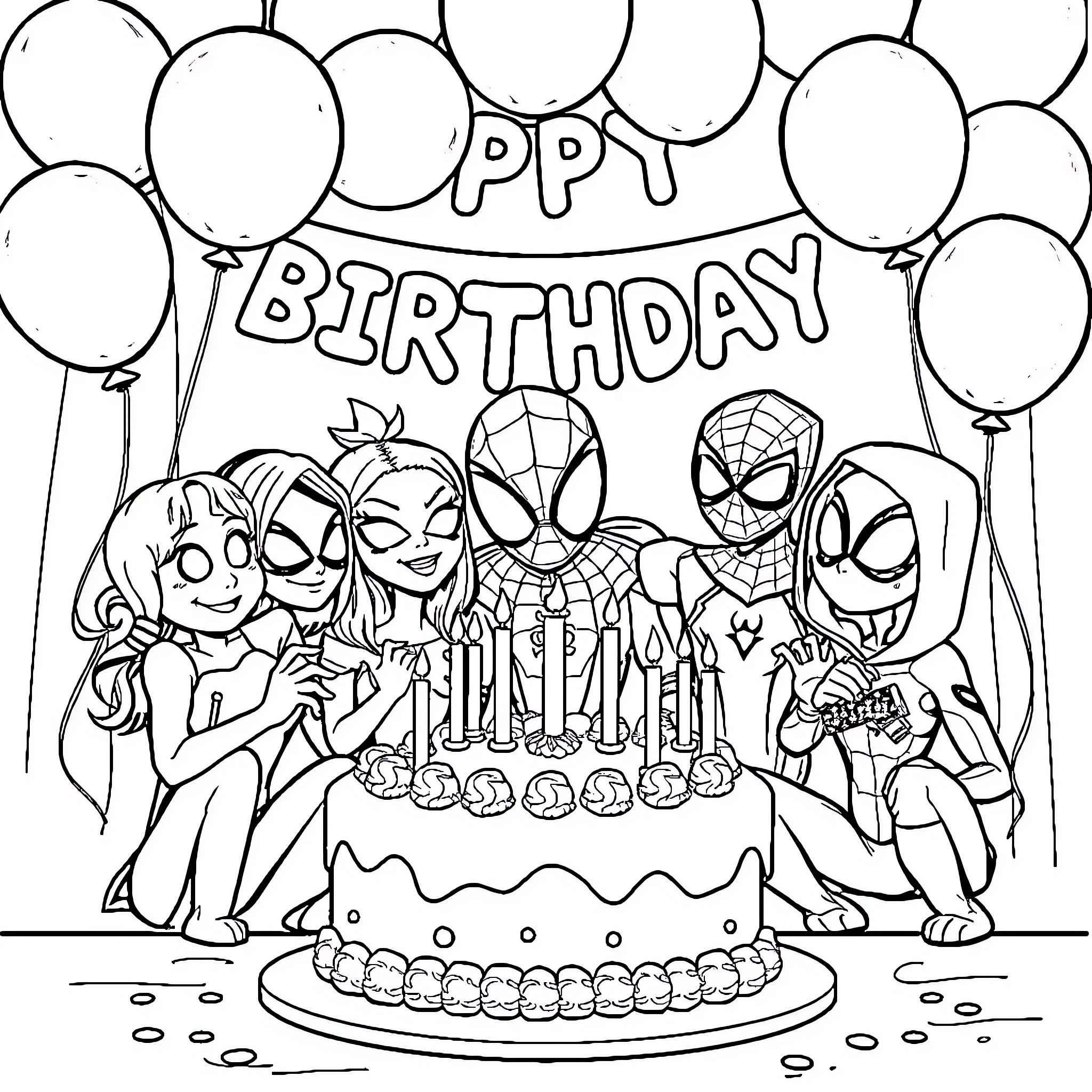 Spidey characters celebrate a happy birthday Coloring Page (free black-and-white line drawing printable PDF for all, from beginners to advanced learners, including children, teens, adults, and seniors)