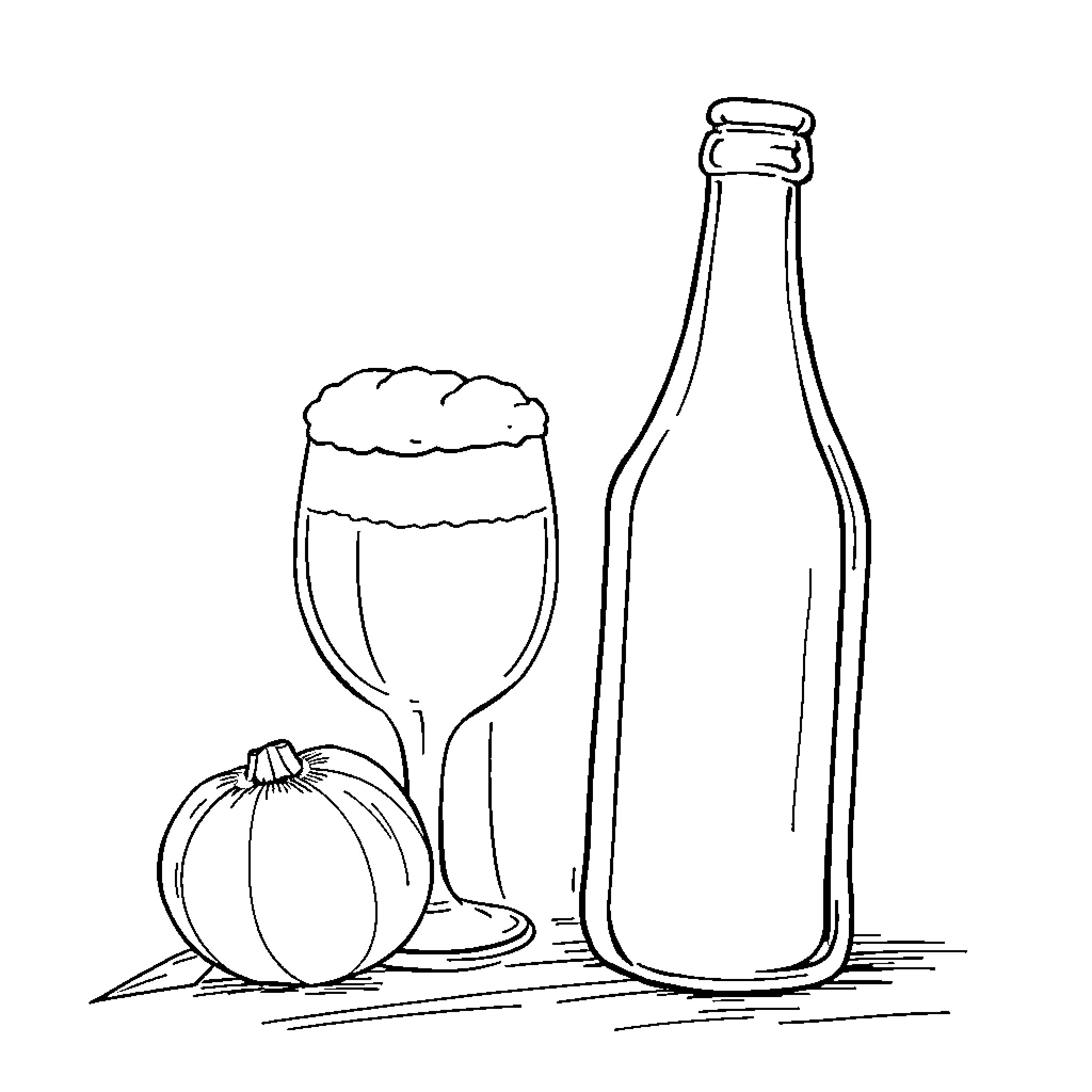 Bière: A Cozy Beer Bottle and Glass Coloring Page (free black-and-white line drawing printable PDF for all, from beginners to advanced learners, including children, teens, adults, and seniors)