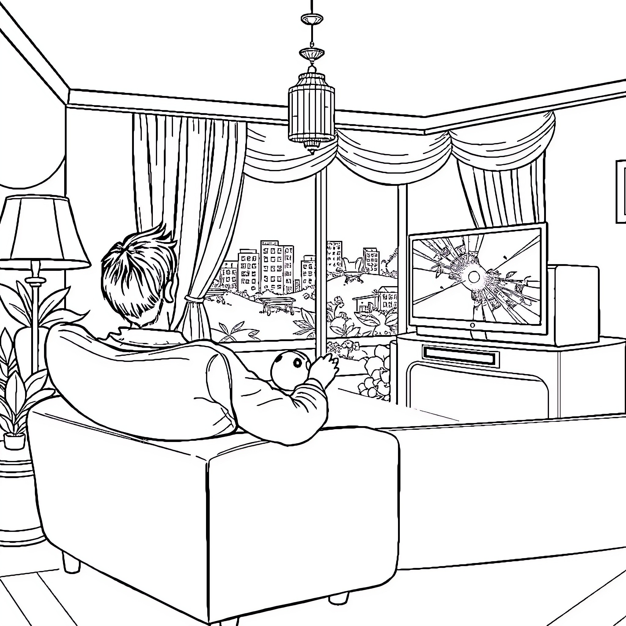 Person Watching TV on Cozy Sofa in Living Room Coloring Page (free black-and-white line drawing printable PDF for all, from beginners to advanced learners, including children, teens, adults, and seniors)