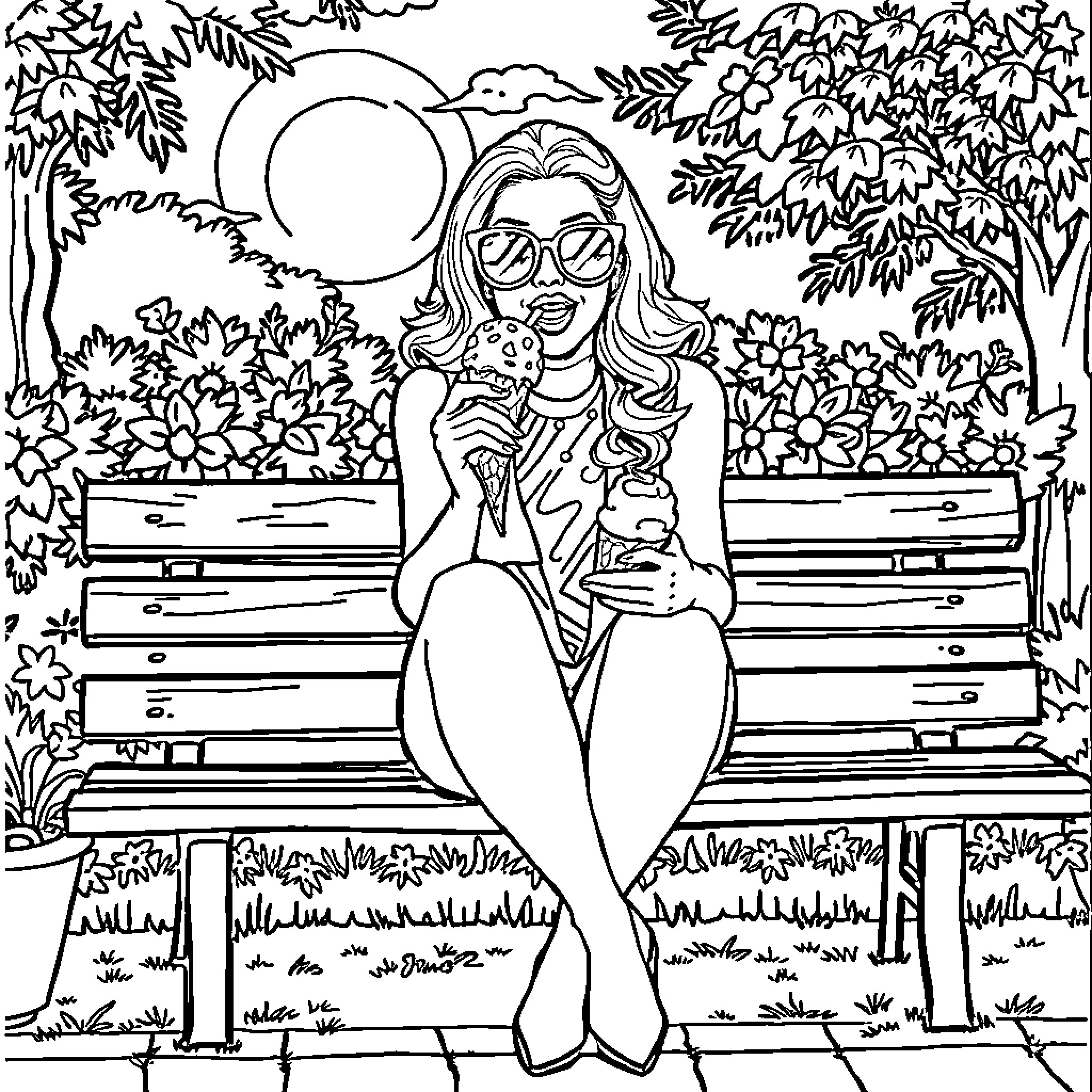 Lady Gaga relaxing and enjoying the outdoors Coloring Page (free black-and-white line drawing printable PDF for all, from beginners to advanced learners, including children, teens, adults, and seniors)