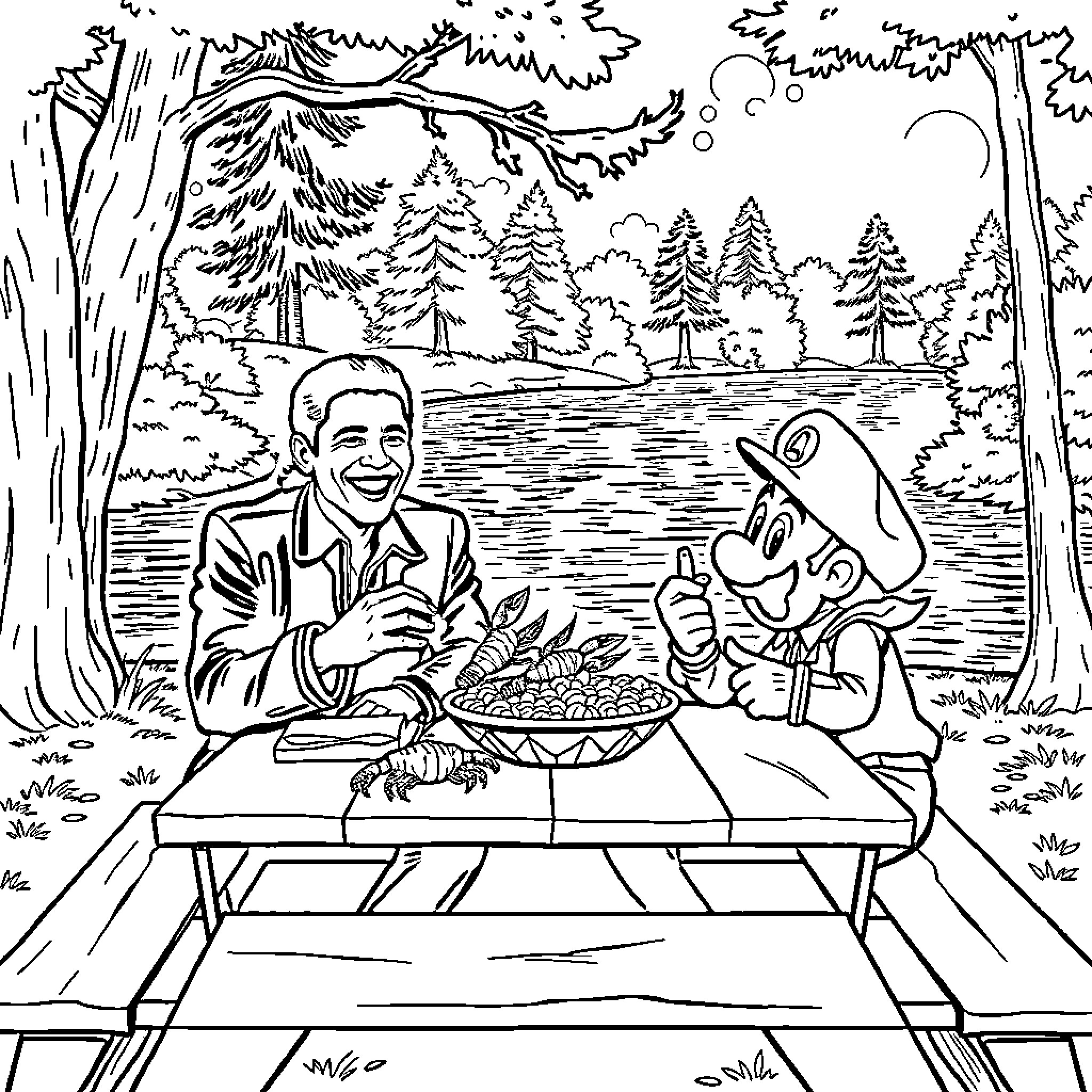 Michael Jackson enjoys a picnic with cartoon character in the forest Coloring Page (free black-and-white line drawing printable PDF for all, from beginners to advanced learners, including children, teens, adults, and seniors)