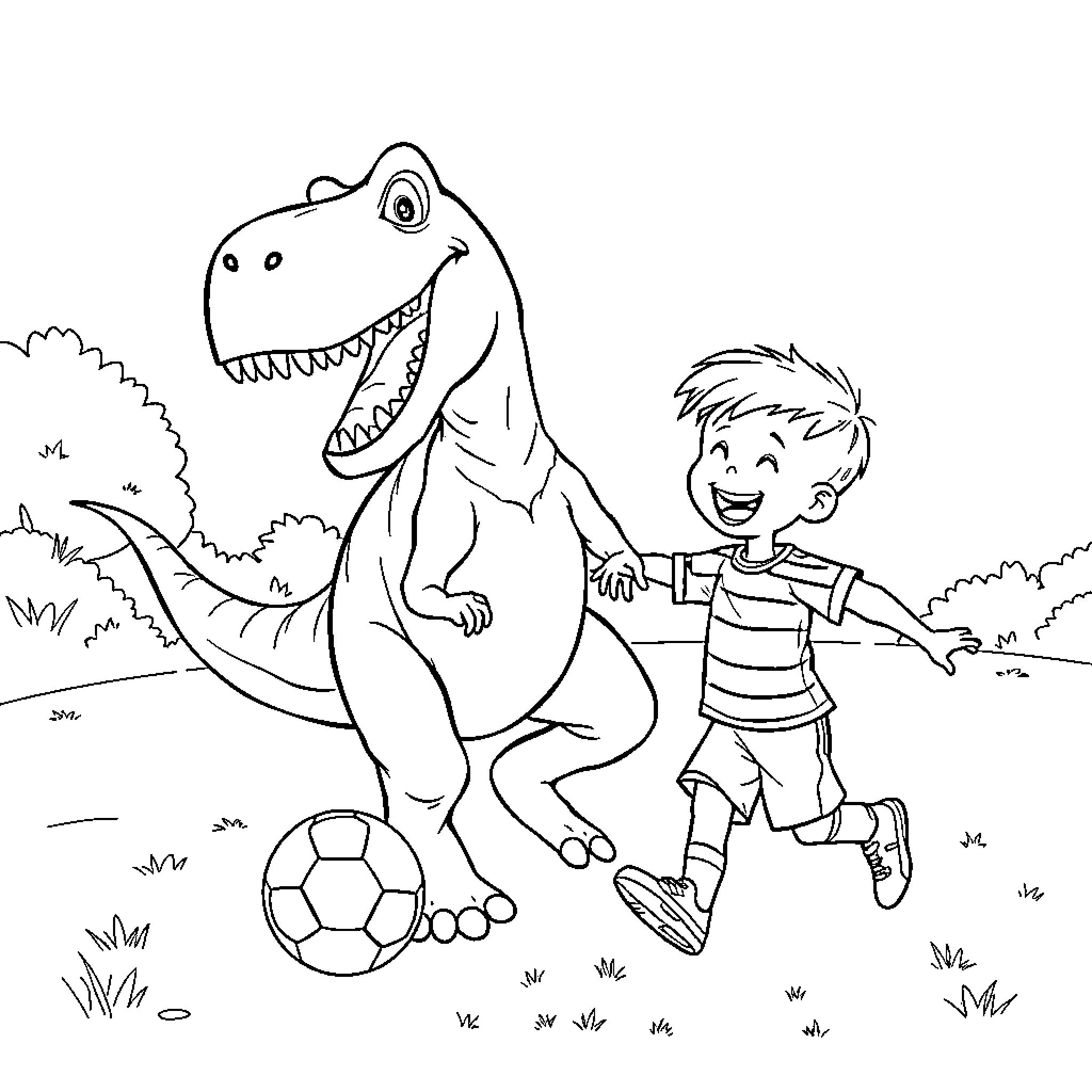 T-Rex Playing Soccer with Boy Coloring Page (free black-and-white line drawing printable PDF for all, from beginners to advanced learners, including children, teens, adults, and seniors)