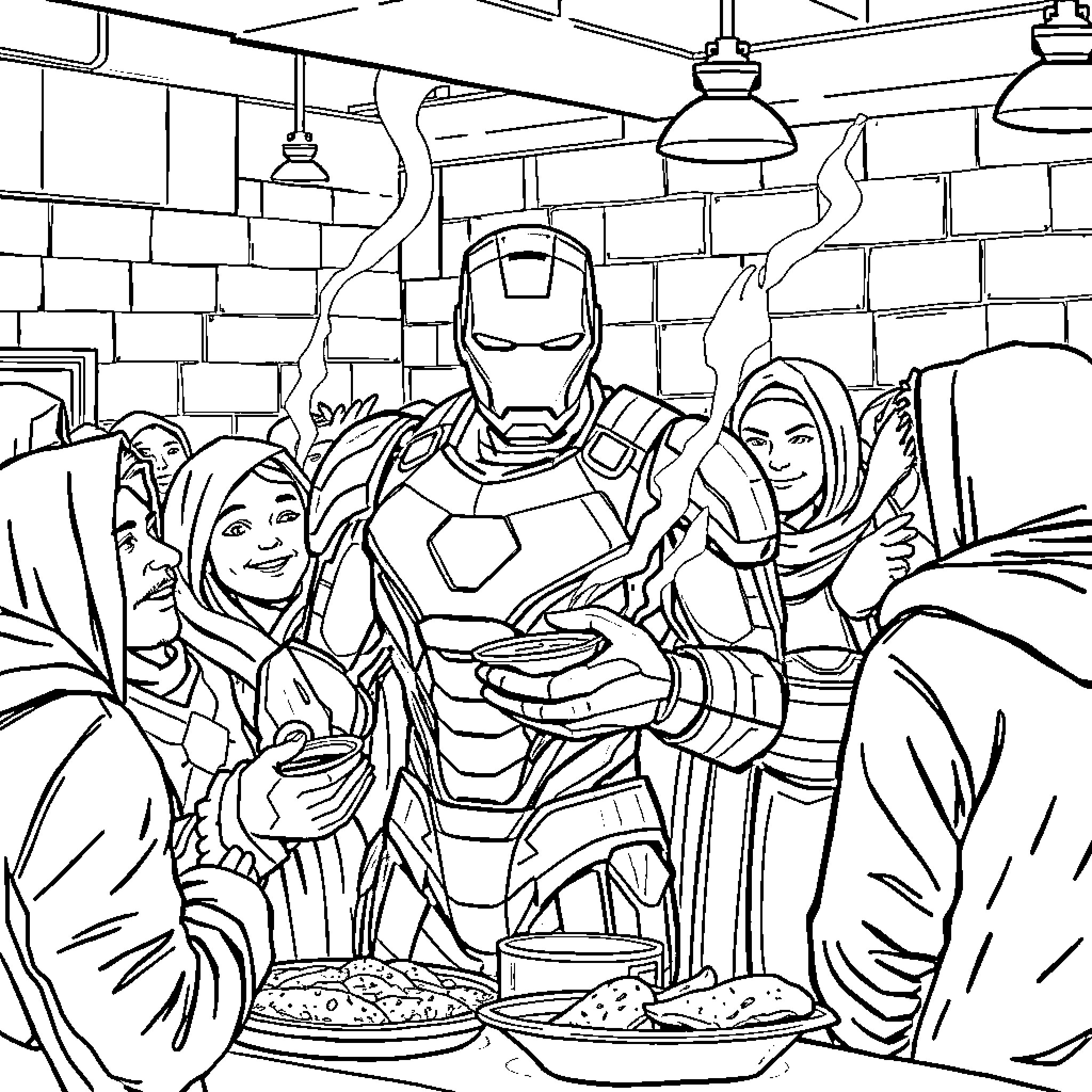 Ironman shares a meal with friends in a cozy setting Coloring Page (free black-and-white line drawing printable PDF for all, from beginners to advanced learners, including children, teens, adults, and seniors)