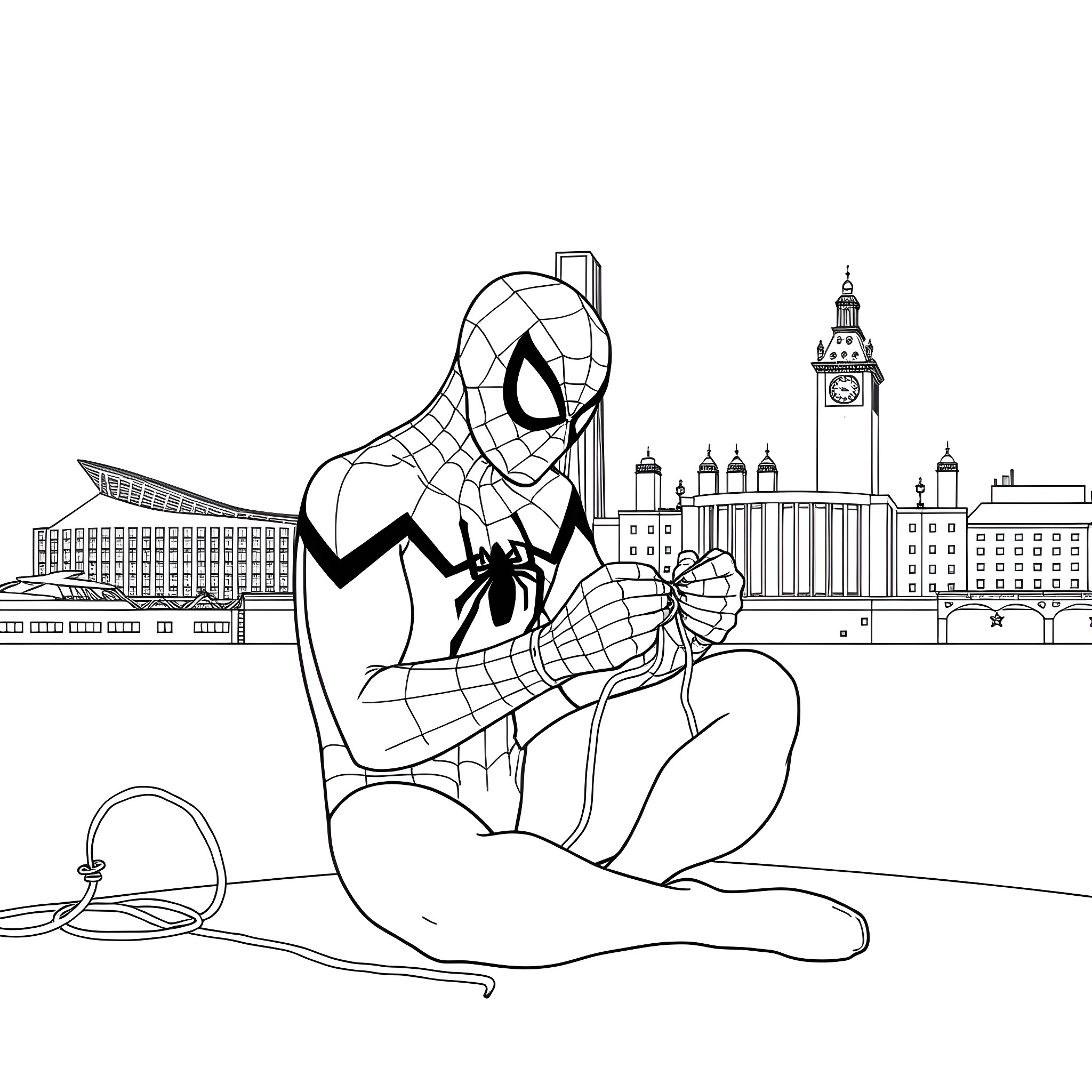 Spiderman swinging through the city streets Coloring Page (free black-and-white line drawing printable PDF for all, from beginners to advanced learners, including children, teens, adults, and seniors)