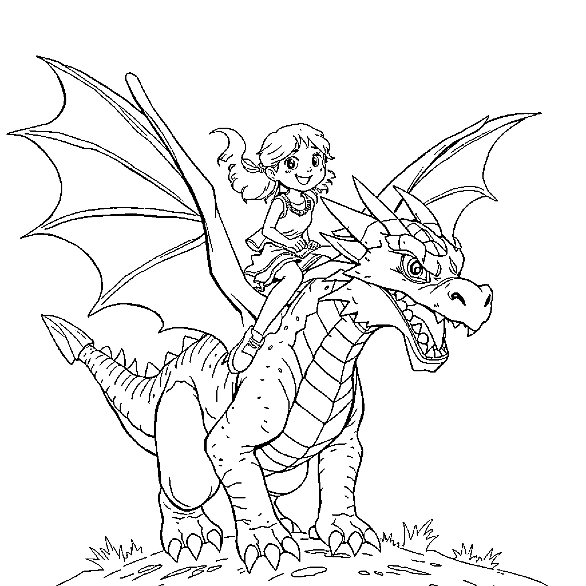 Girl riding a fantastical dragon Coloring Page (free black-and-white line drawing printable PDF for all, from beginners to advanced learners, including children, teens, adults, and seniors)
