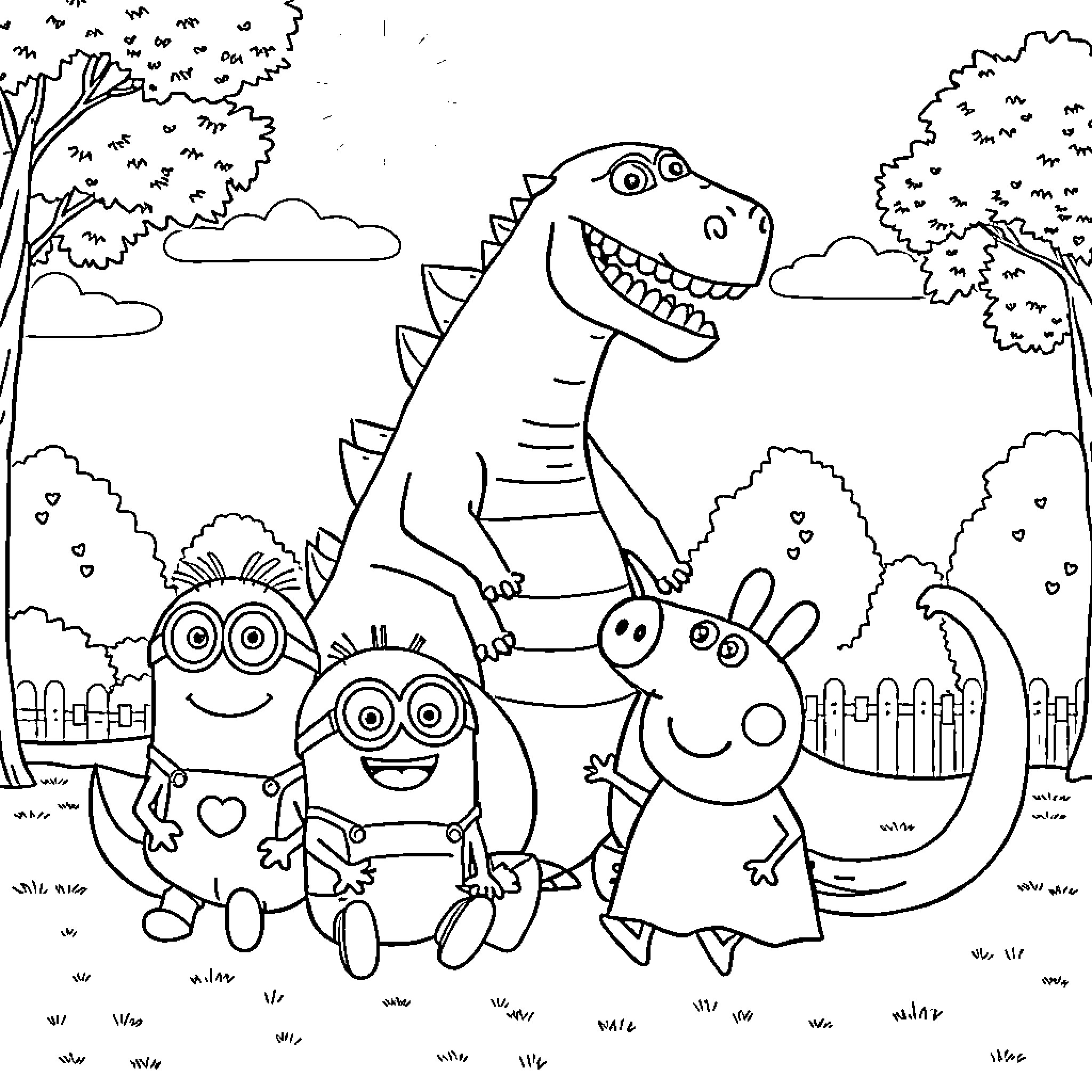Minions exploring the magical world with a friendly dinosaur Coloring Page (free black-and-white line drawing printable PDF for all, from beginners to advanced learners, including children, teens, adults, and seniors)