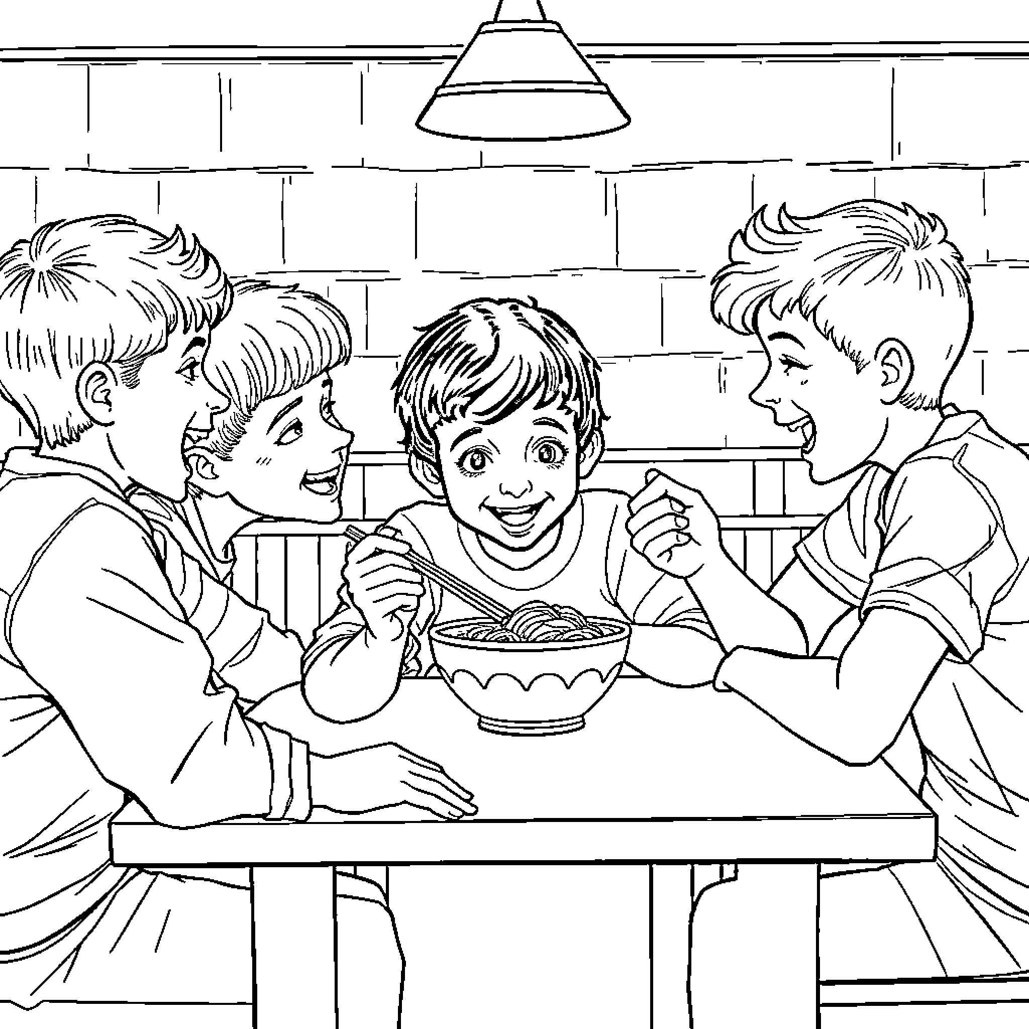 Eleven Boys Enjoying a Meal Together Coloring Page (free black-and-white line drawing printable PDF for all, from beginners to advanced learners, including children, teens, adults, and seniors)