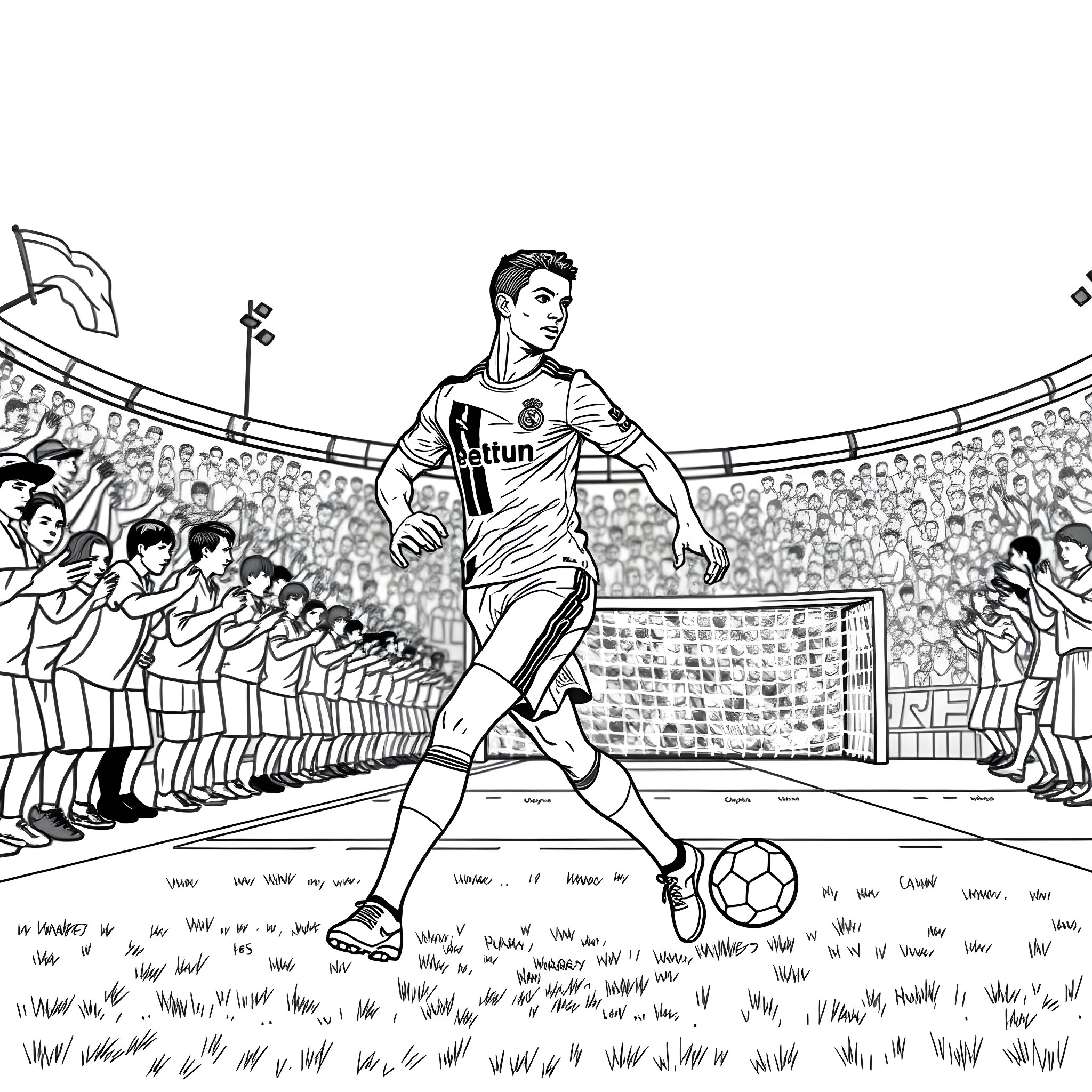 Cristiano Ronaldo performing soccer skills on the field Coloring Page (free black-and-white line drawing printable PDF for all, from beginners to advanced learners, including children, teens, adults, and seniors)