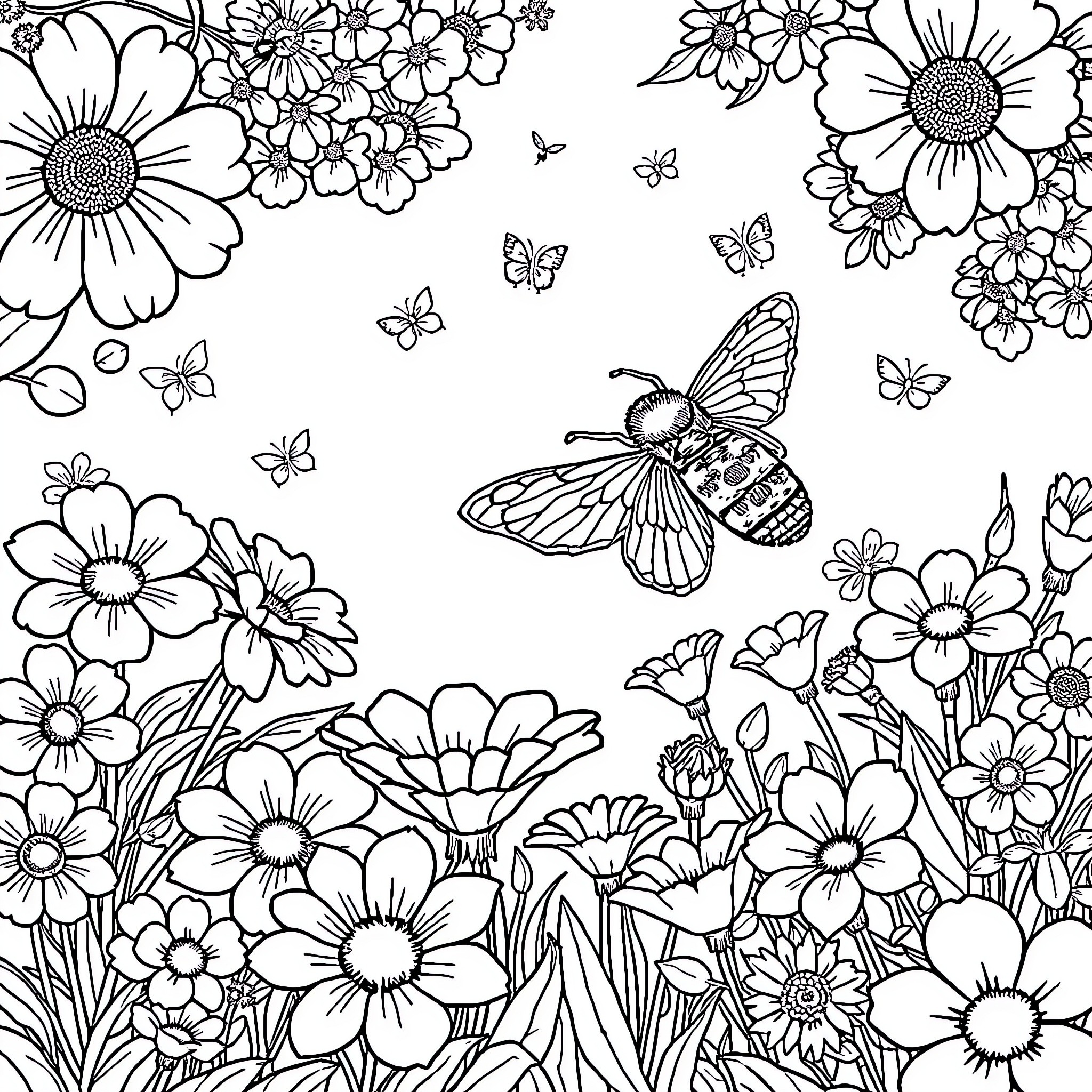 Bee Buzzing Amidst Blooming Floral Garden Coloring Page (free black-and-white line drawing printable PDF for all, from beginners to advanced learners, including children, teens, adults, and seniors)