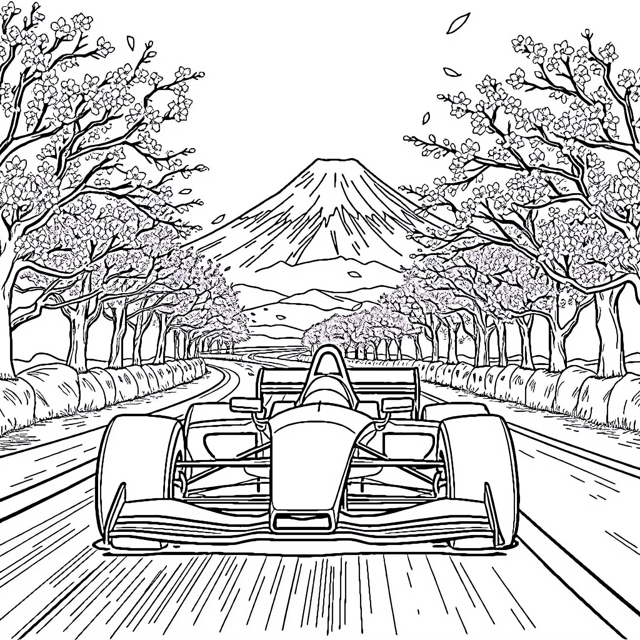 Formula 1 race through picturesque landscape Coloring Page (free black-and-white line drawing printable PDF for all, from beginners to advanced learners, including children, teens, adults, and seniors)