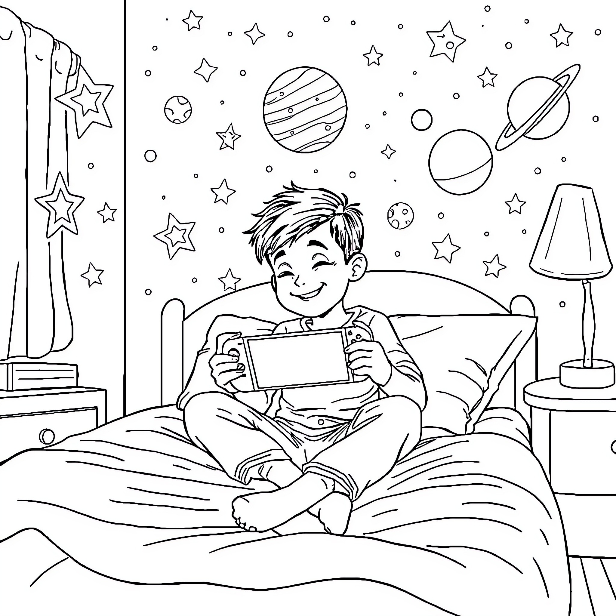 Boy enjoying digital entertainment in a cosmic bedroom Coloring Page (free black-and-white line drawing printable PDF for all, from beginners to advanced learners, including children, teens, adults, and seniors)