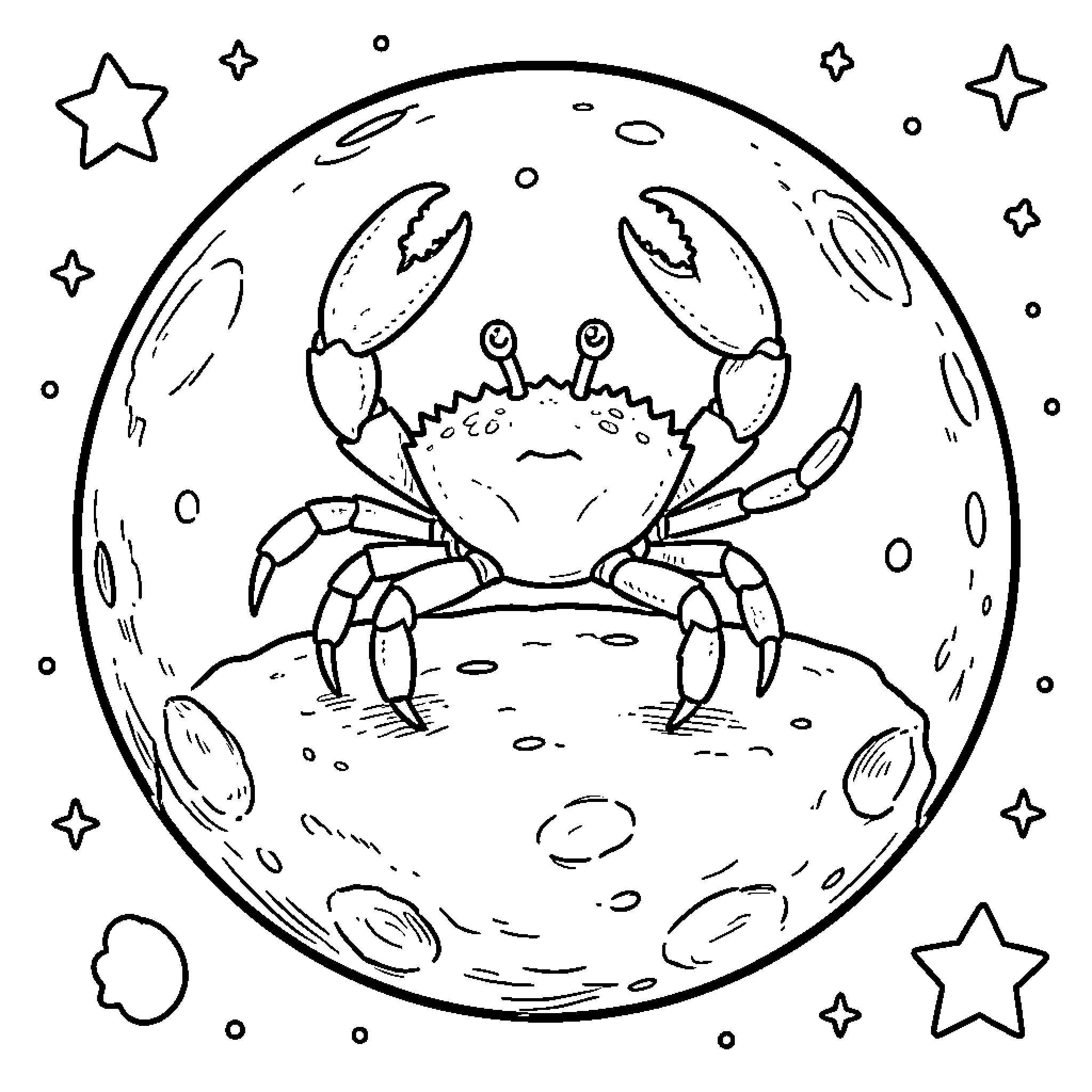 Crab standing on the moon among the stars Coloring Page (free black-and-white line drawing printable PDF for all, from beginners to advanced learners, including children, teens, adults, and seniors)