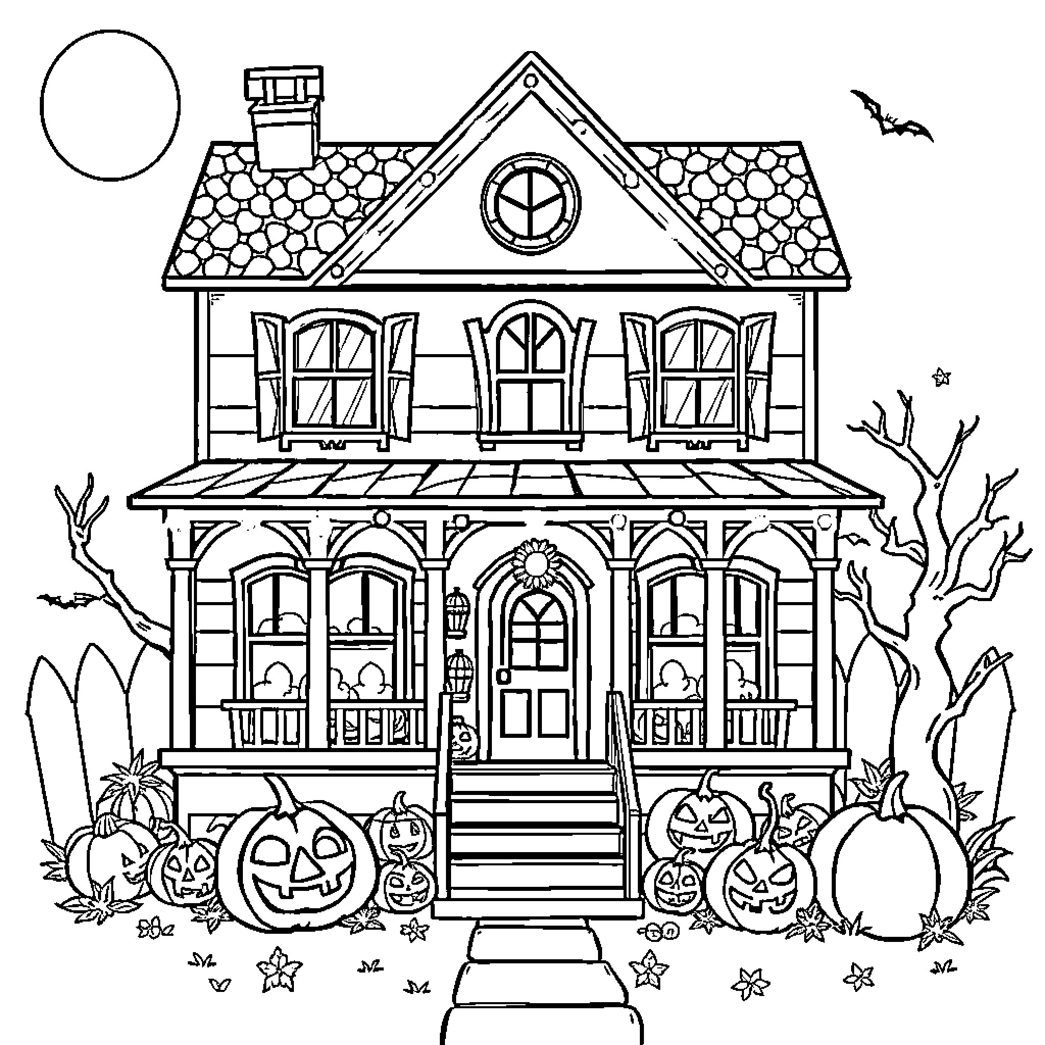 Gabby's Dollhouse: Spooky Halloween House with Pumpkins Coloring Page (free black-and-white line drawing printable PDF for all, from beginners to advanced learners, including children, teens, adults, and seniors)