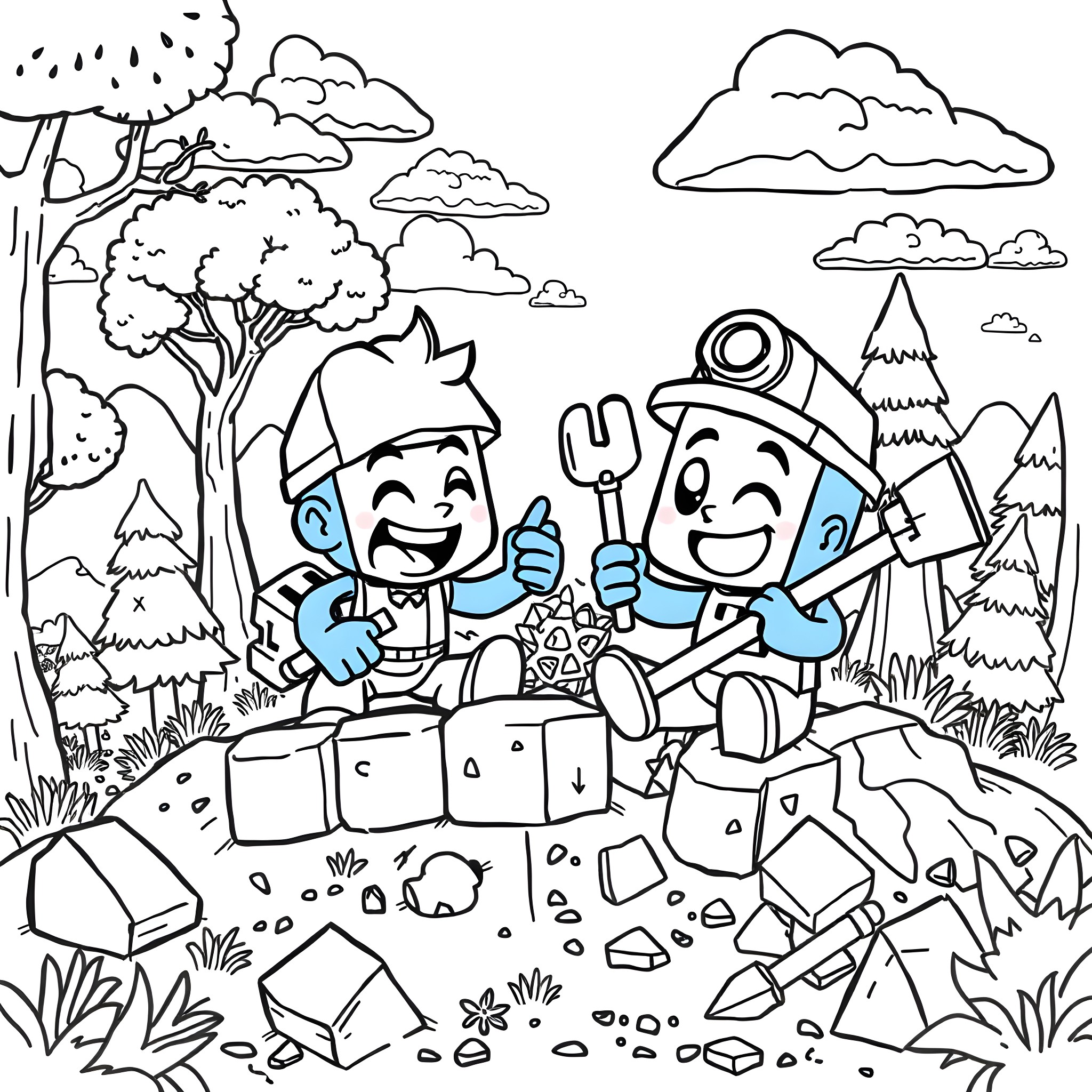 Bluey and Bingo exploring the great outdoors Coloring Page (free black-and-white line drawing printable PDF for all, from beginners to advanced learners, including children, teens, adults, and seniors)