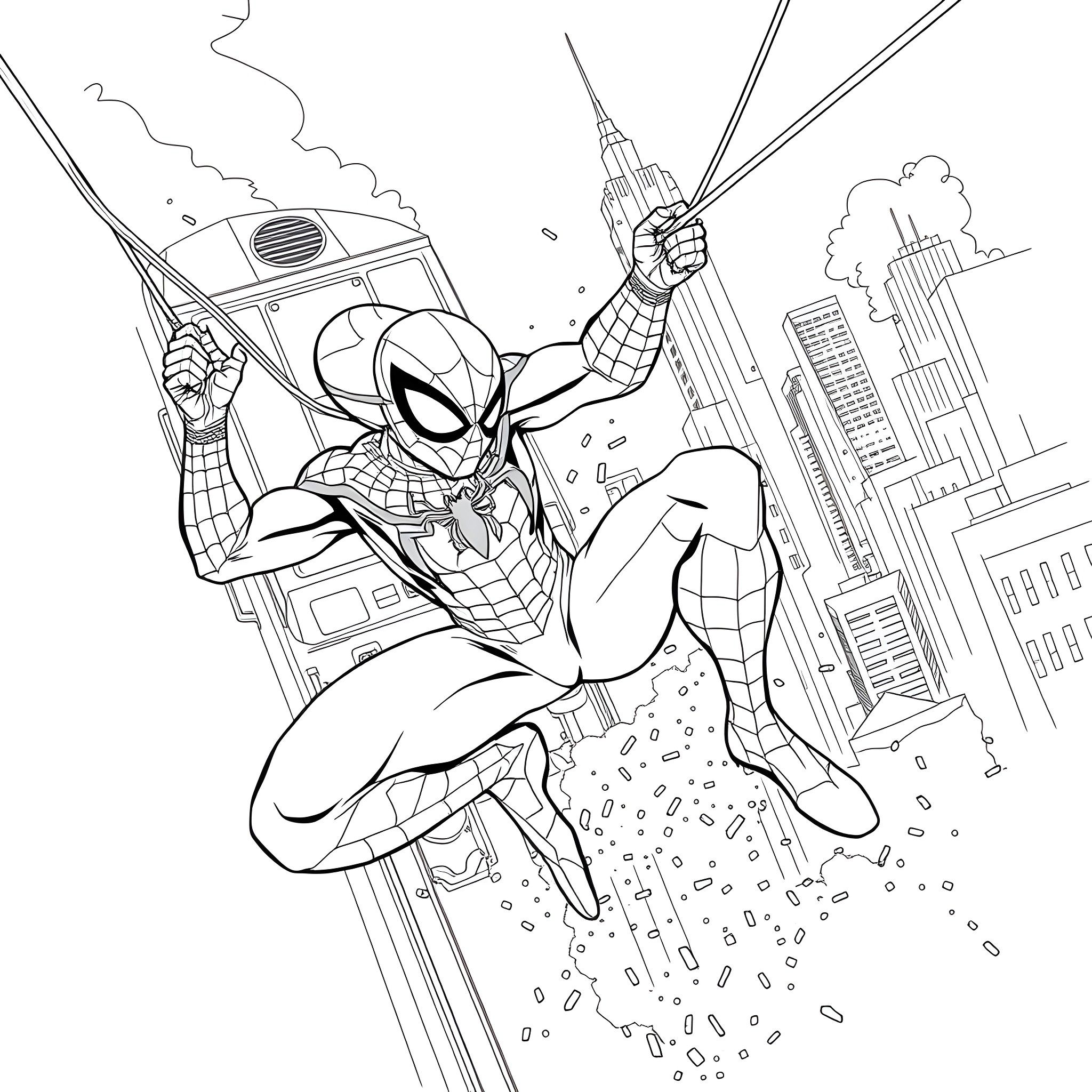 Spiderman swinging through the city with action Coloring Page (free black-and-white line drawing printable PDF for all, from beginners to advanced learners, including children, teens, adults, and seniors)