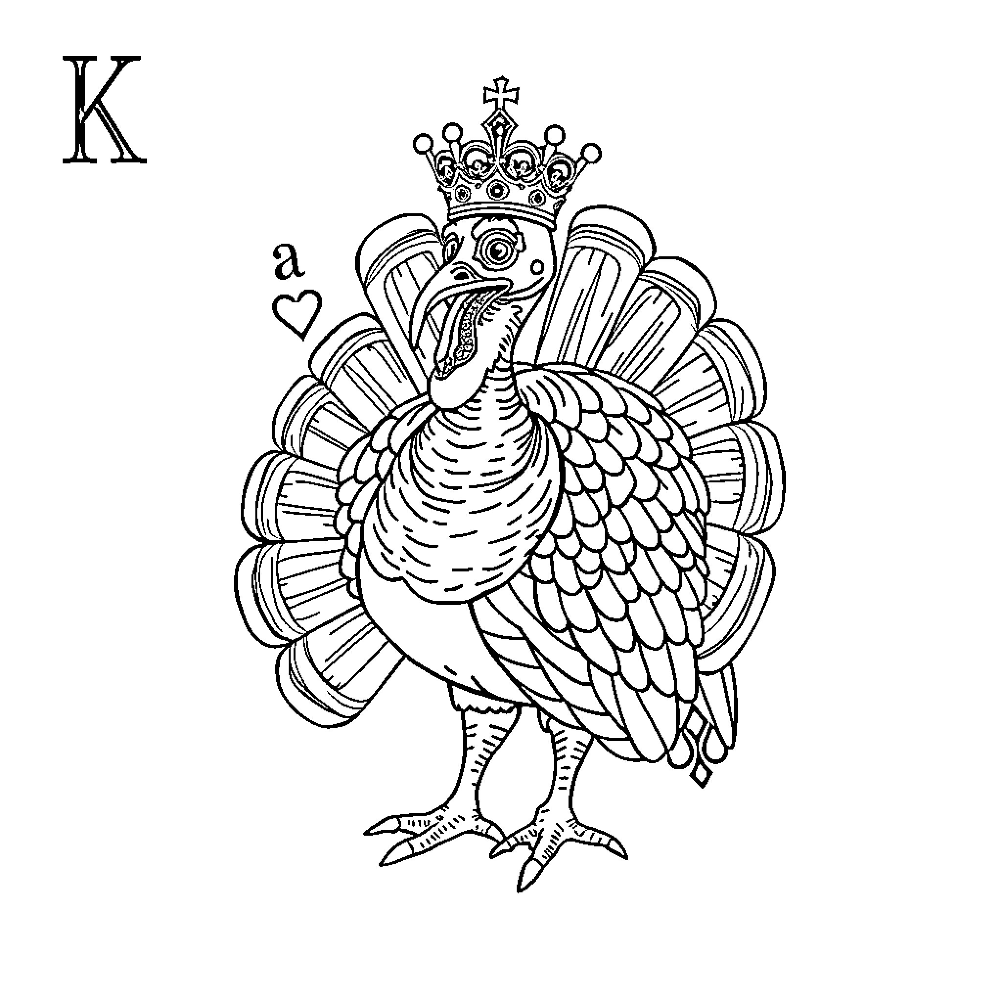 Turkey in regal crown and ornate feathers Coloring Page (free black-and-white line drawing printable PDF for all, from beginners to advanced learners, including children, teens, adults, and seniors)