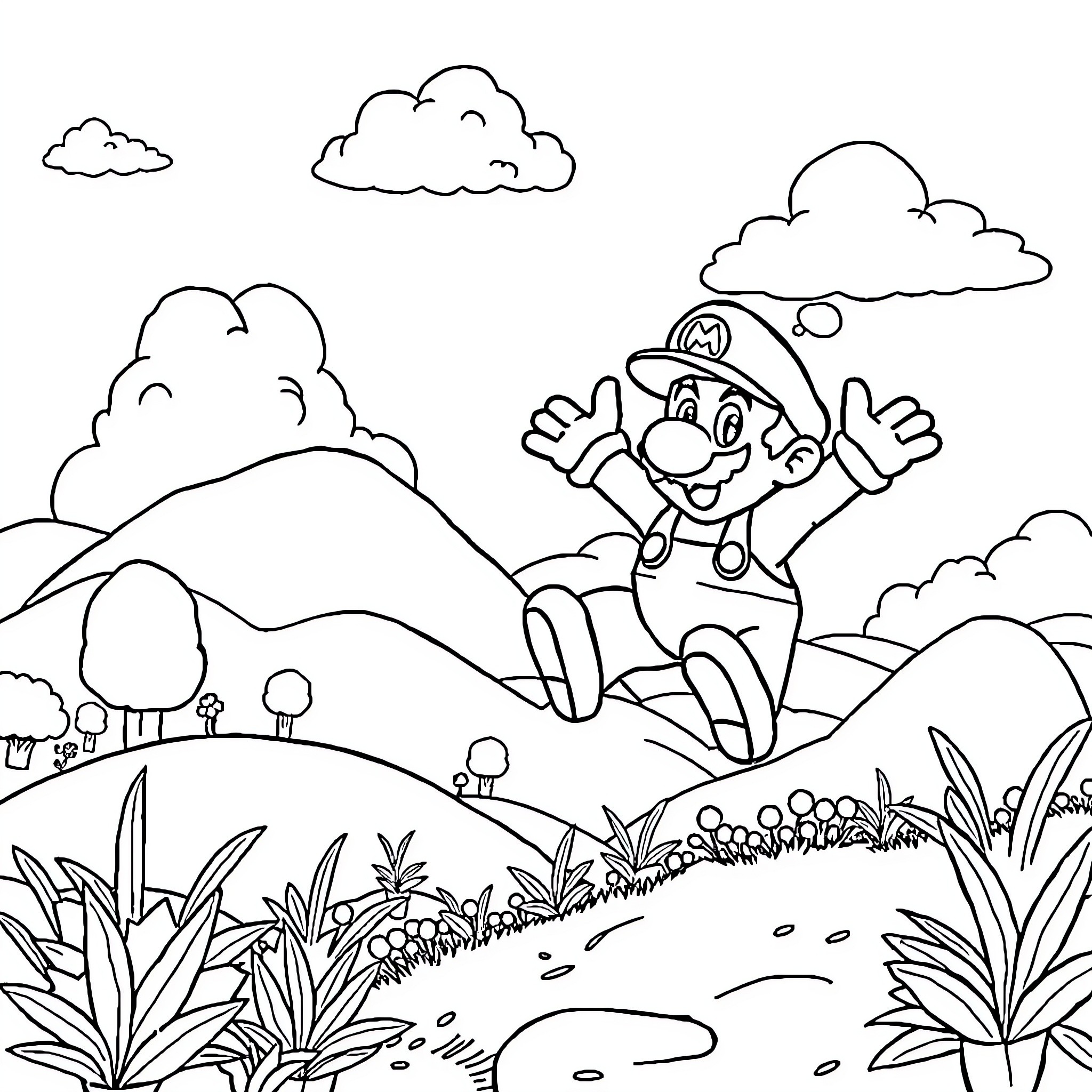 Super Mario Jumping with Joy in the Countryside Coloring Page (free black-and-white line drawing printable PDF for all, from beginners to advanced learners, including children, teens, adults, and seniors)