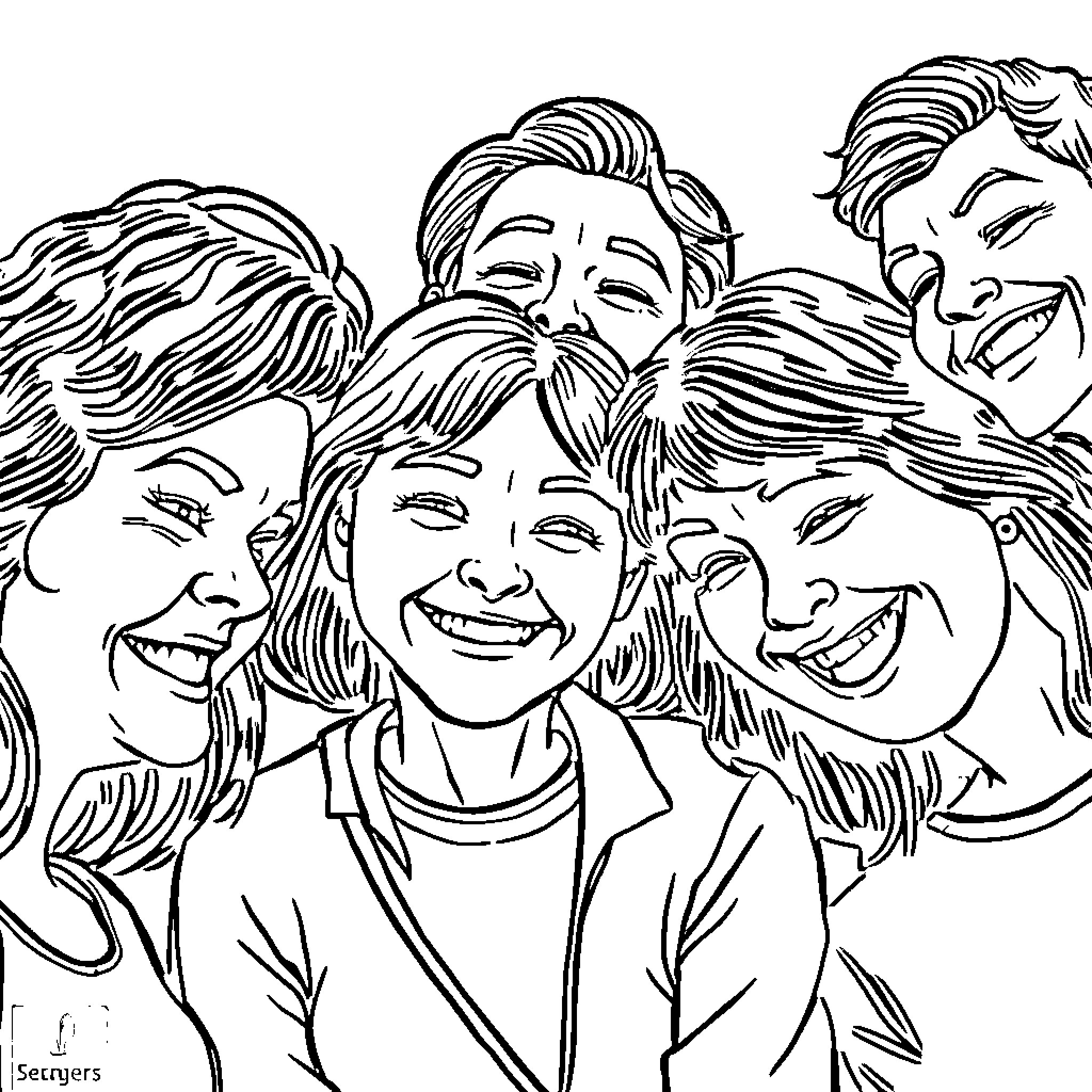 Person surrounded by happy group of friends Coloring Page (free black-and-white line drawing printable PDF for all, from beginners to advanced learners, including children, teens, adults, and seniors)