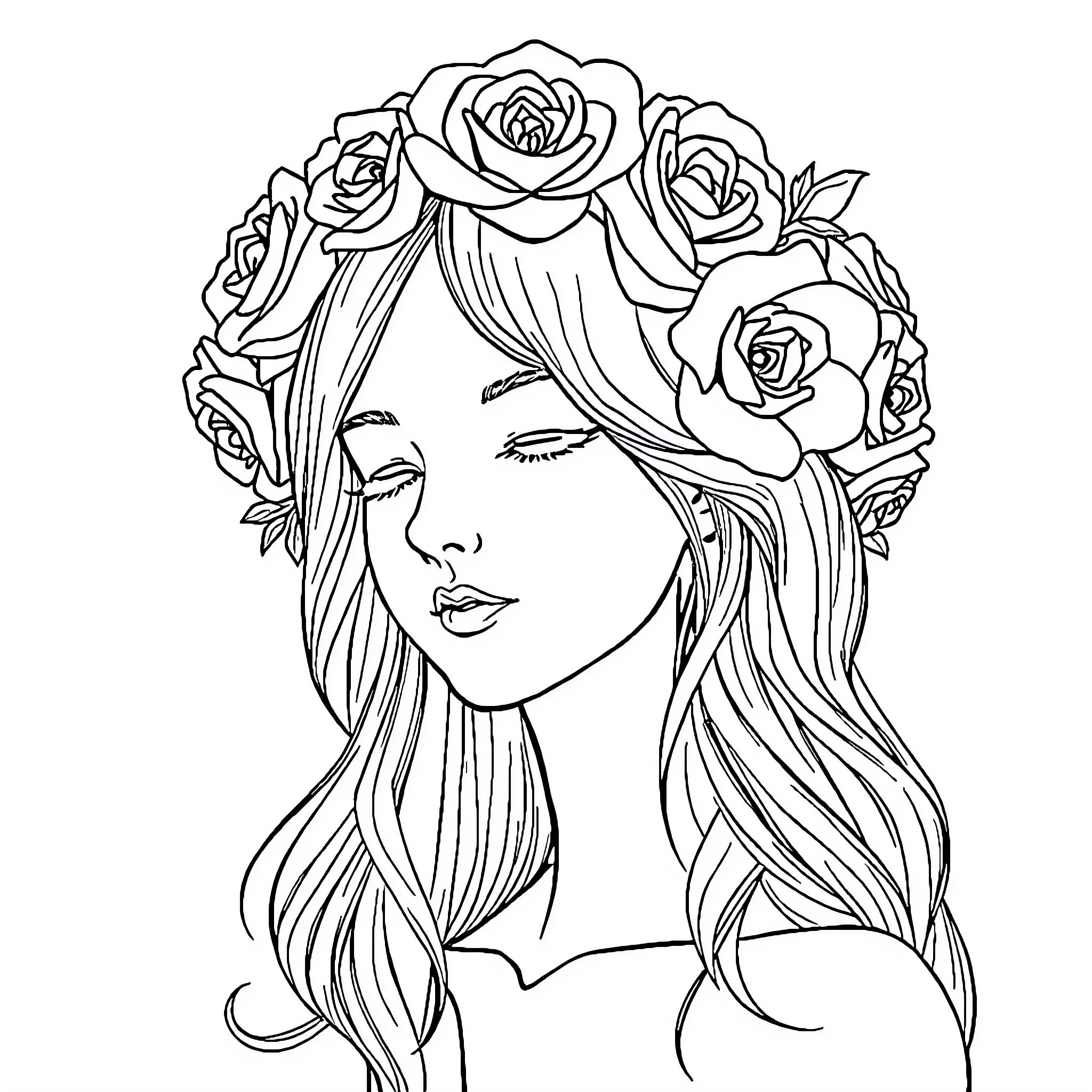 Rose Crowned Lady in Floral Headpiece Coloring Page (free black-and-white line drawing printable PDF for all, from beginners to advanced learners, including children, teens, adults, and seniors)