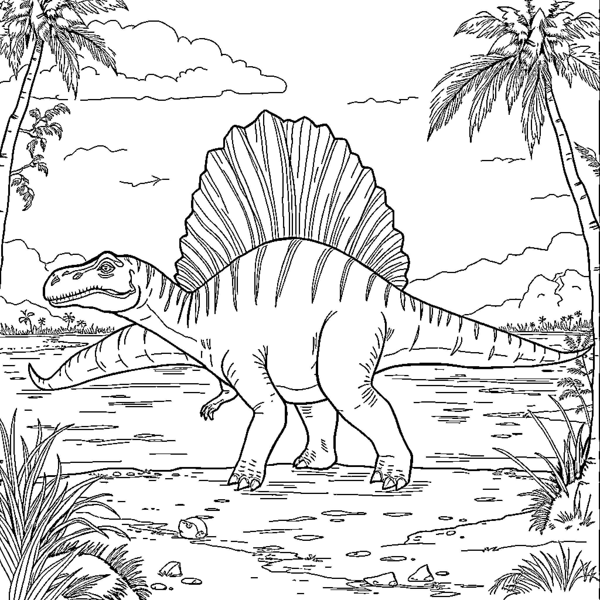 Spinosaurus in prehistoric landscape Coloring Page (free black-and-white line drawing printable PDF for all, from beginners to advanced learners, including children, teens, adults, and seniors)