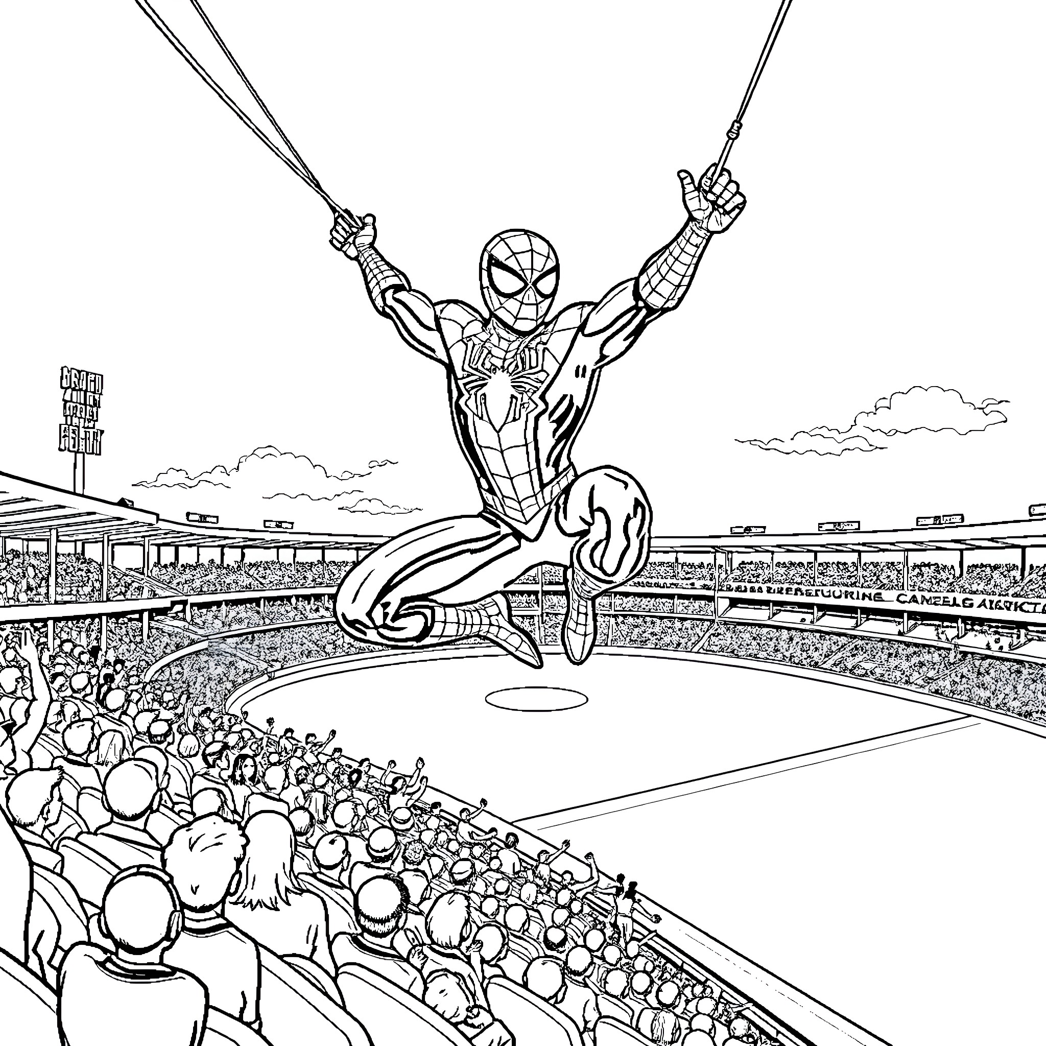 Spider-Man swinging heroically over a packed stadium Coloring Page (free black-and-white line drawing printable PDF for all, from beginners to advanced learners, including children, teens, adults, and seniors)