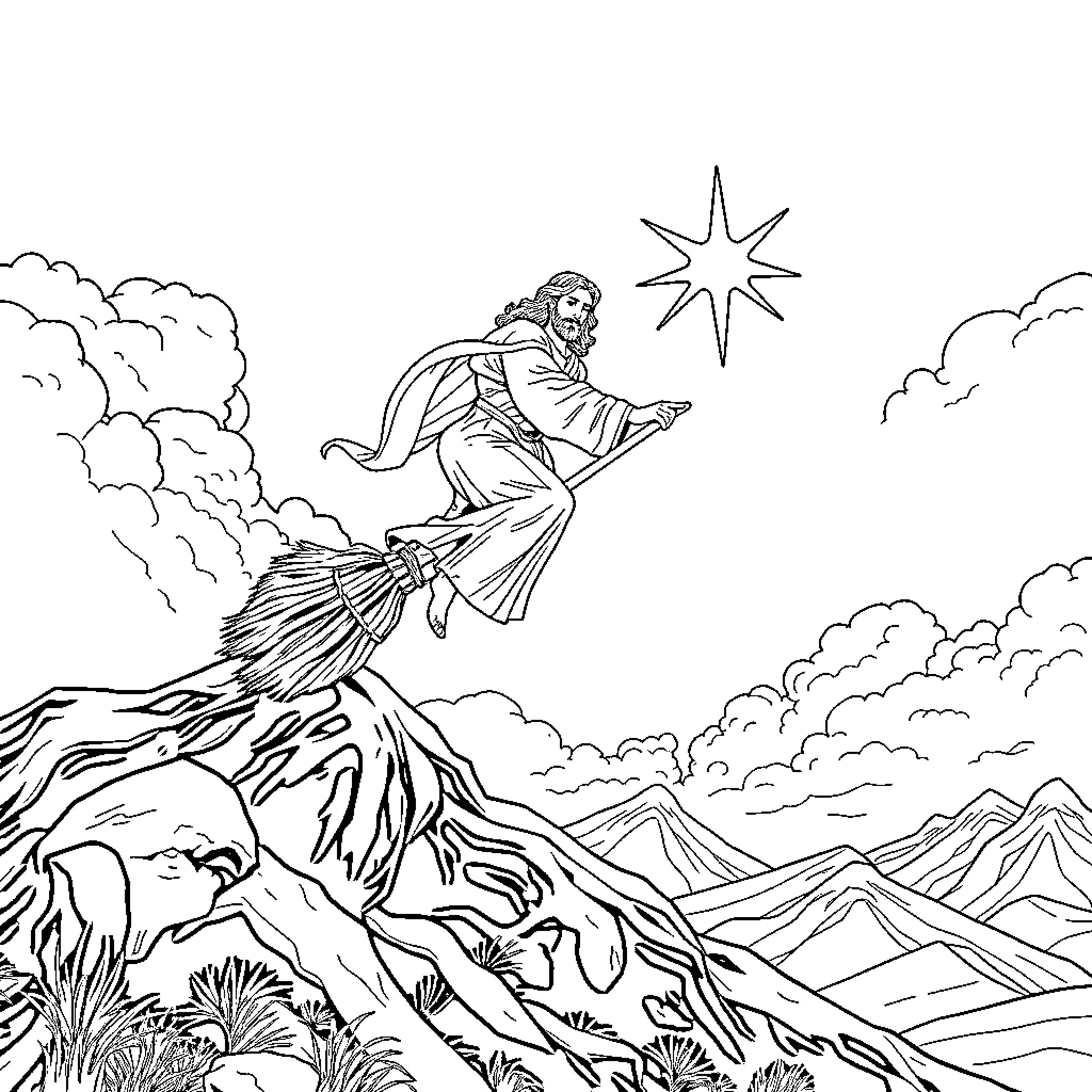 Jesus Ascending Triumphantly into the Heavens Coloring Page (free black-and-white line drawing printable PDF for all, from beginners to advanced learners, including children, teens, adults, and seniors)
