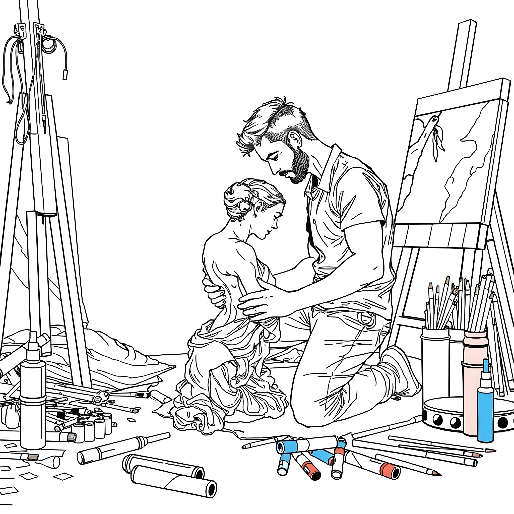 Male artist painting portrait of woman in studio Coloring Page (free black-and-white line drawing printable PDF for all, from beginners to advanced learners, including children, teens, adults, and seniors)