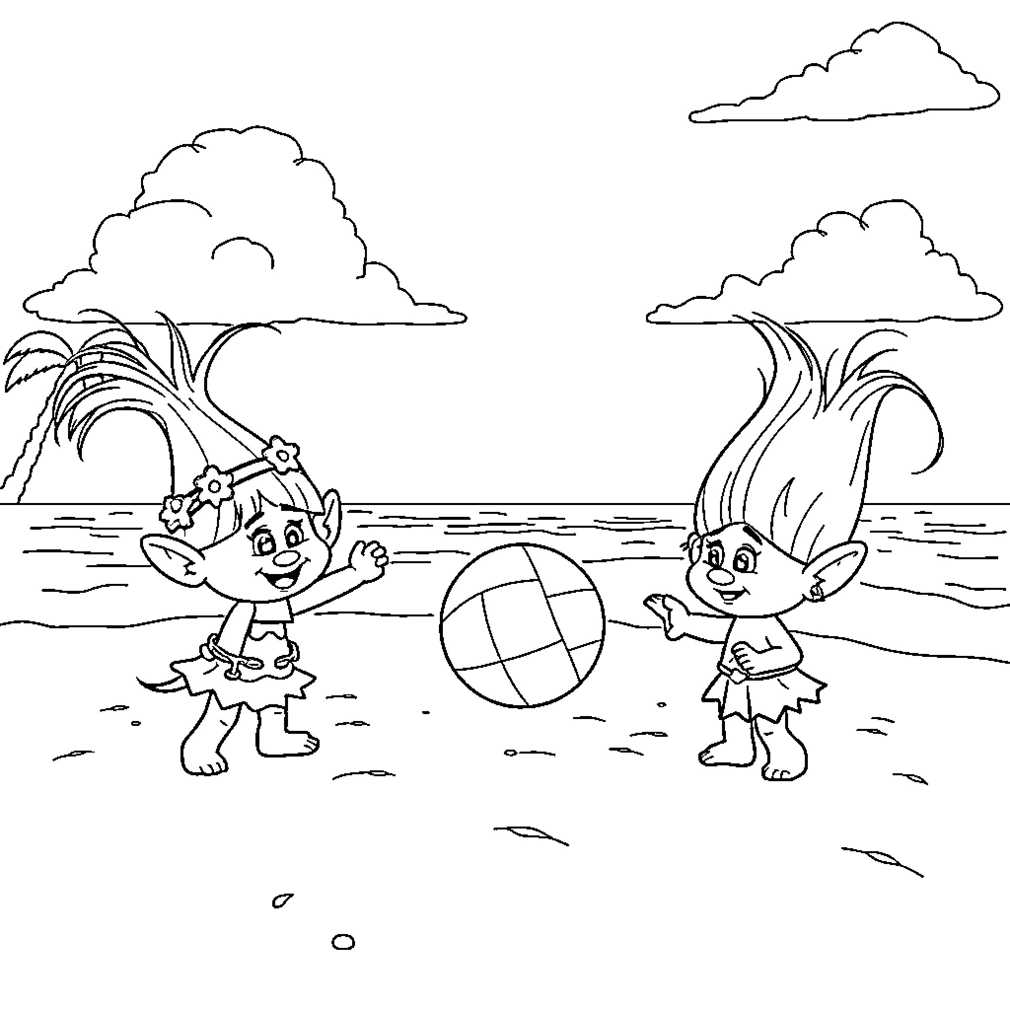 Troll characters playing on the beach Coloring Page (free black-and-white line drawing printable PDF for all, from beginners to advanced learners, including children, teens, adults, and seniors)