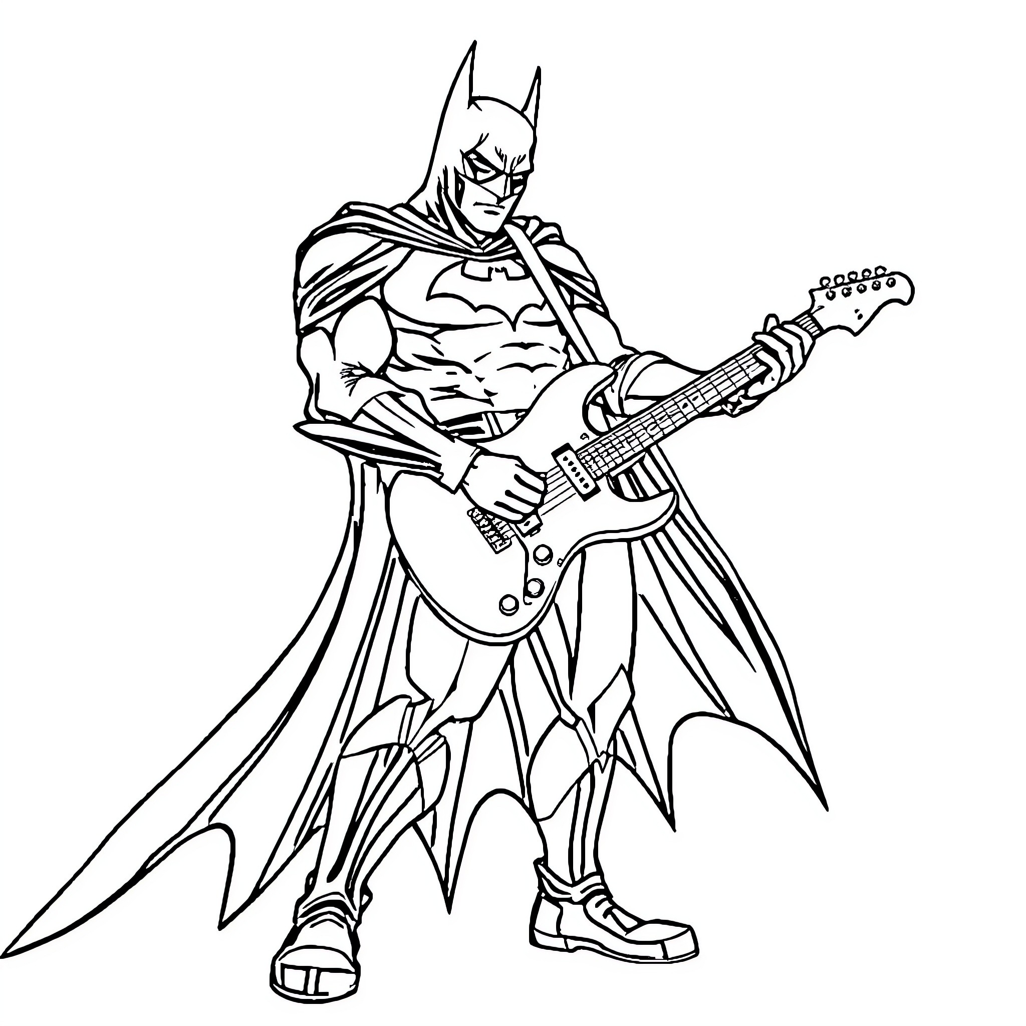 Batman playing electric guitar in action pose Coloring Page (free black-and-white line drawing printable PDF for all, from beginners to advanced learners, including children, teens, adults, and seniors)