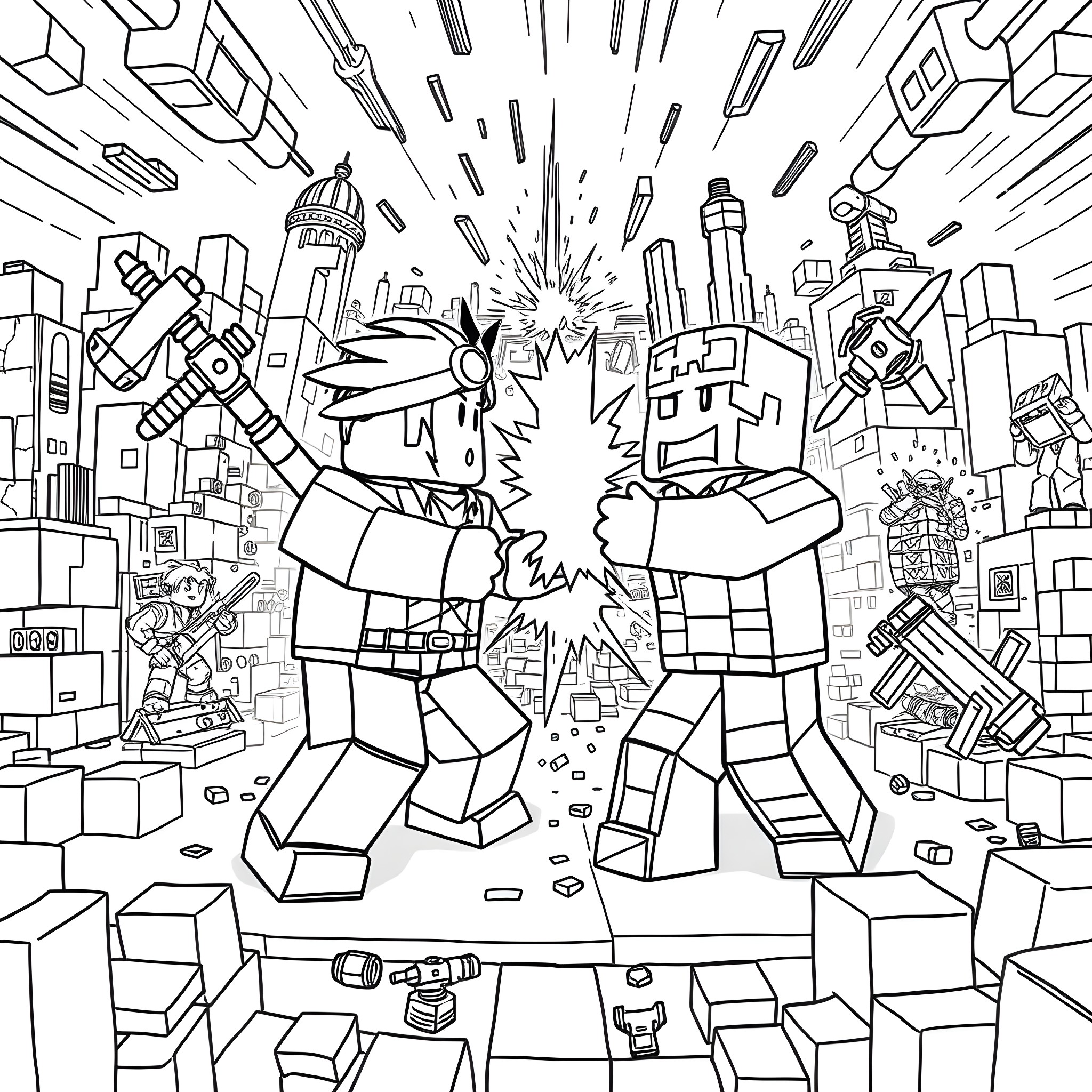 Roblox characters in epic battle amid futuristic cityscape Coloring Page (free black-and-white line drawing printable PDF for all, from beginners to advanced learners, including children, teens, adults, and seniors)