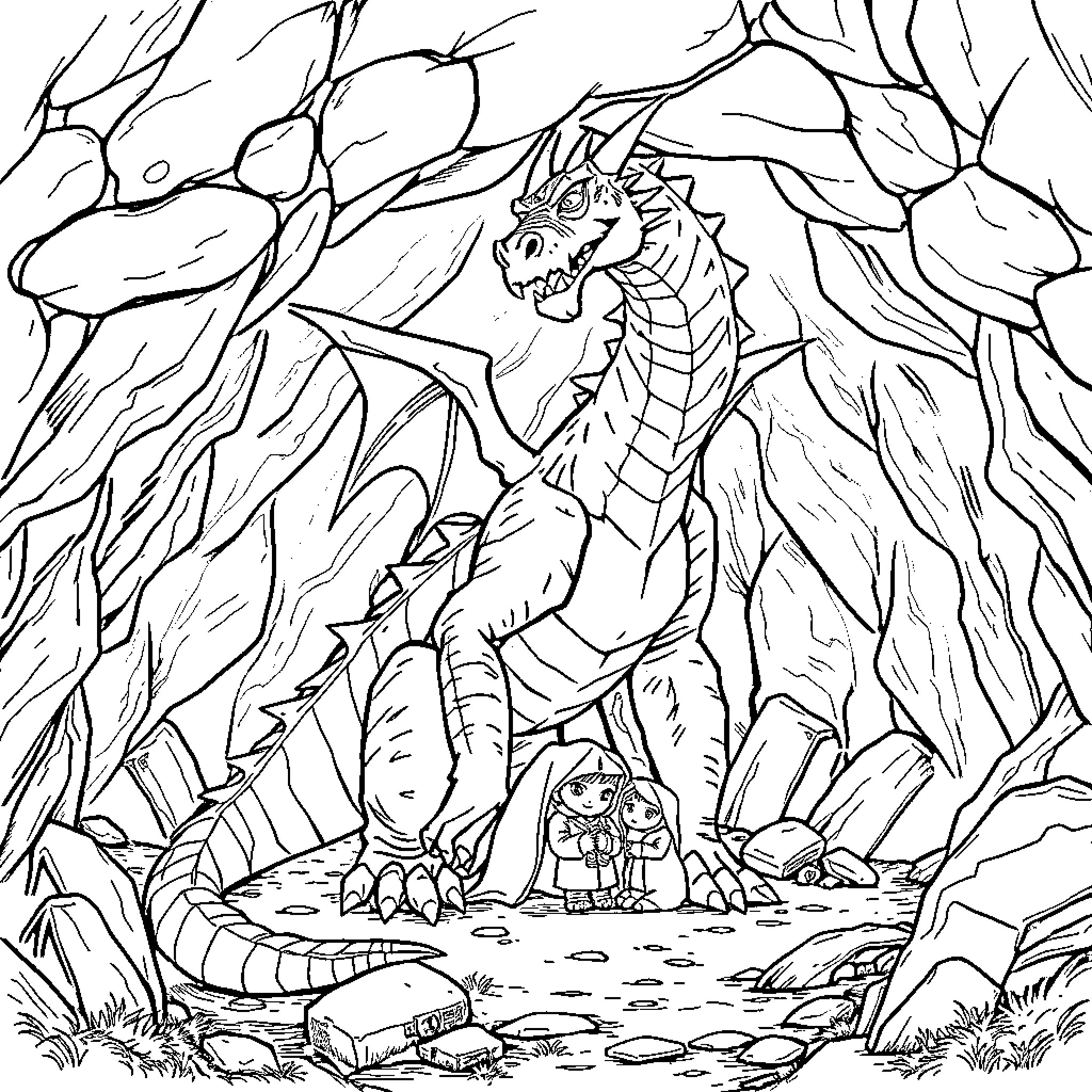 Dragon guardian watching over tiny adventurers in the wild Coloring Page (free black-and-white line drawing printable PDF for all, from beginners to advanced learners, including children, teens, adults, and seniors)