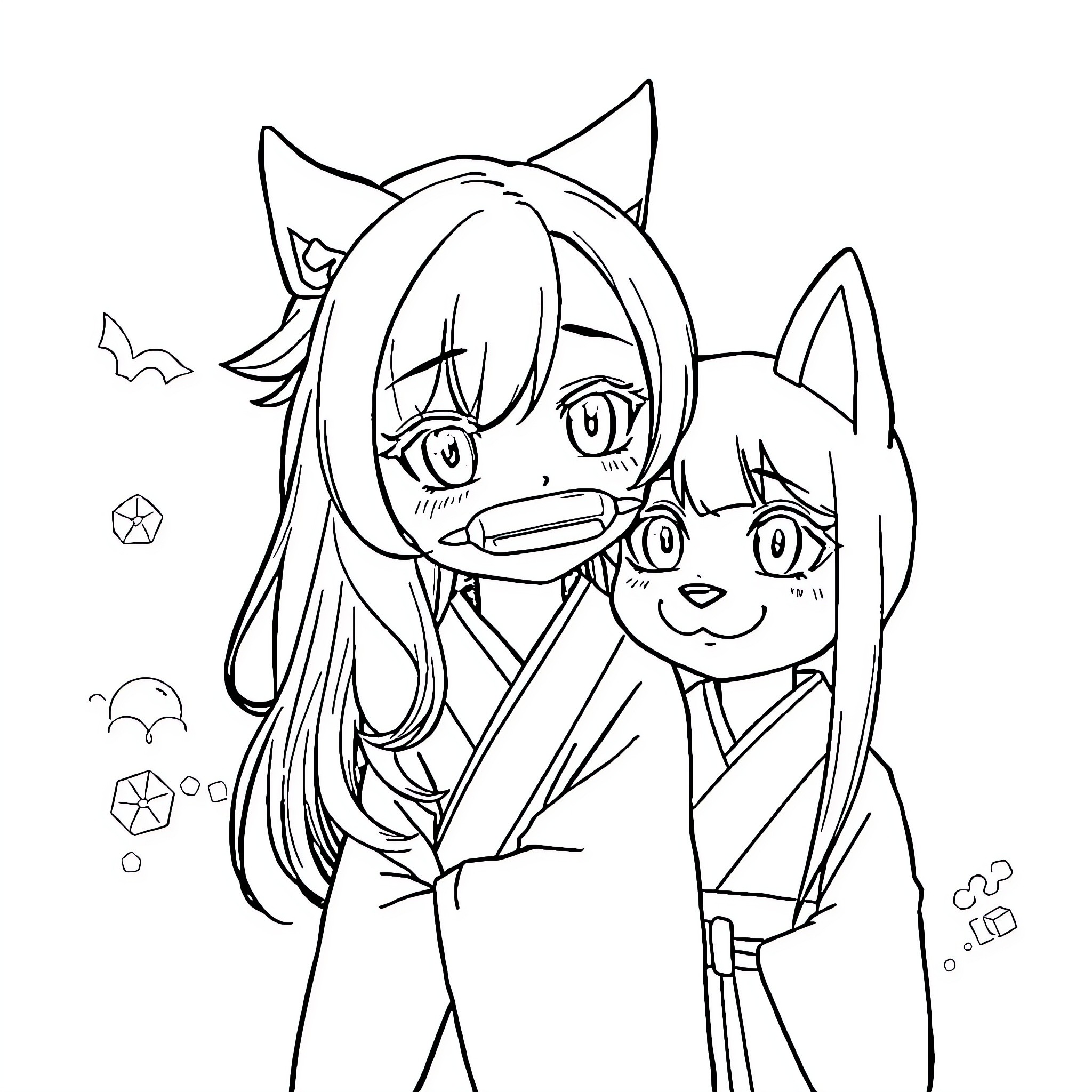 Nezuko and Companion in Kimono Outfits Coloring Page (free black-and-white line drawing printable PDF for all, from beginners to advanced learners, including children, teens, adults, and seniors)