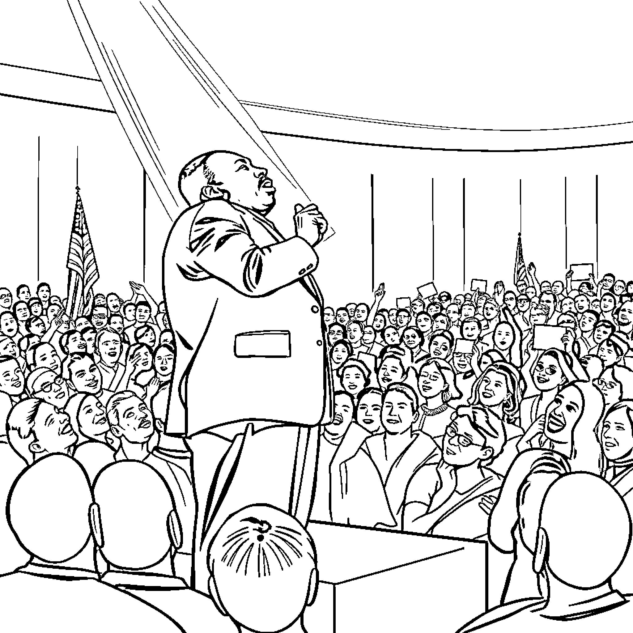 Martin Luther King Jr. Delivering Powerful Speech to Crowd Coloring Page (free black-and-white line drawing printable PDF for all, from beginners to advanced learners, including children, teens, adults, and seniors)