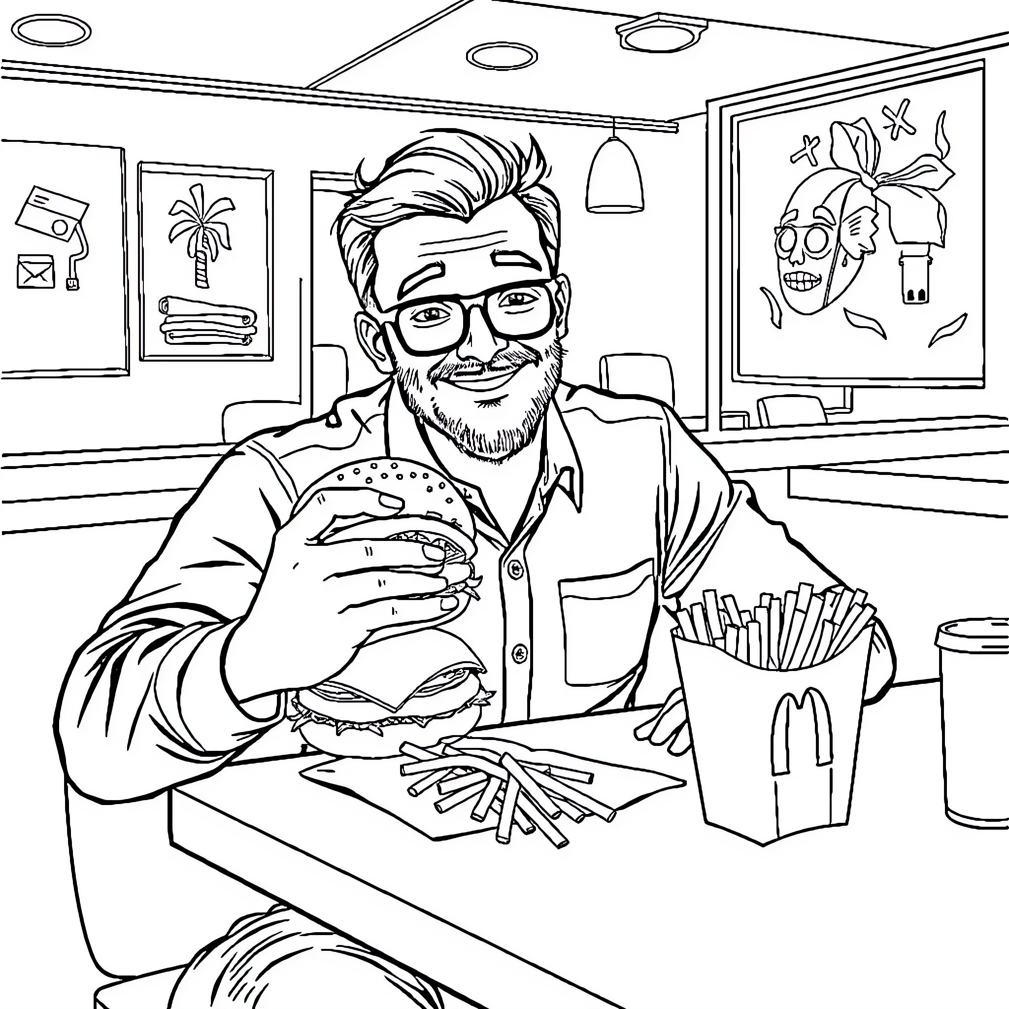 Teacher enjoying a burger and fries in his classroom Coloring Page (free black-and-white line drawing printable PDF for all, from beginners to advanced learners, including children, teens, adults, and seniors)