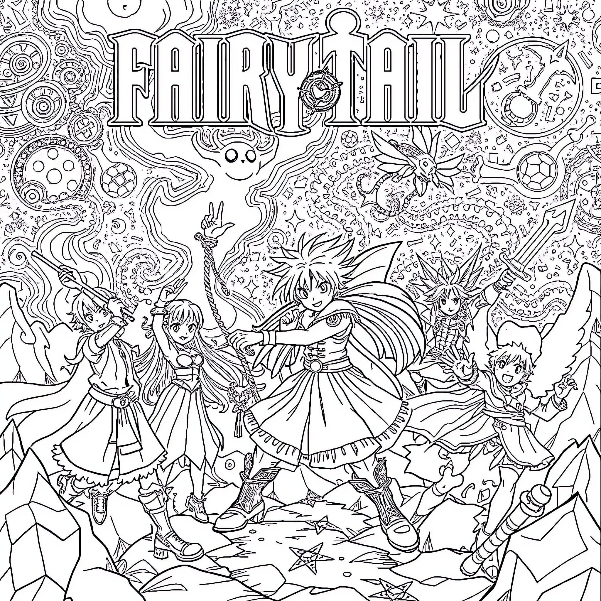 Fairy Tail: Characters in Fantastical Outfits and Poses Coloring Page (free black-and-white line drawing printable PDF for all, from beginners to advanced learners, including children, teens, adults, and seniors)
